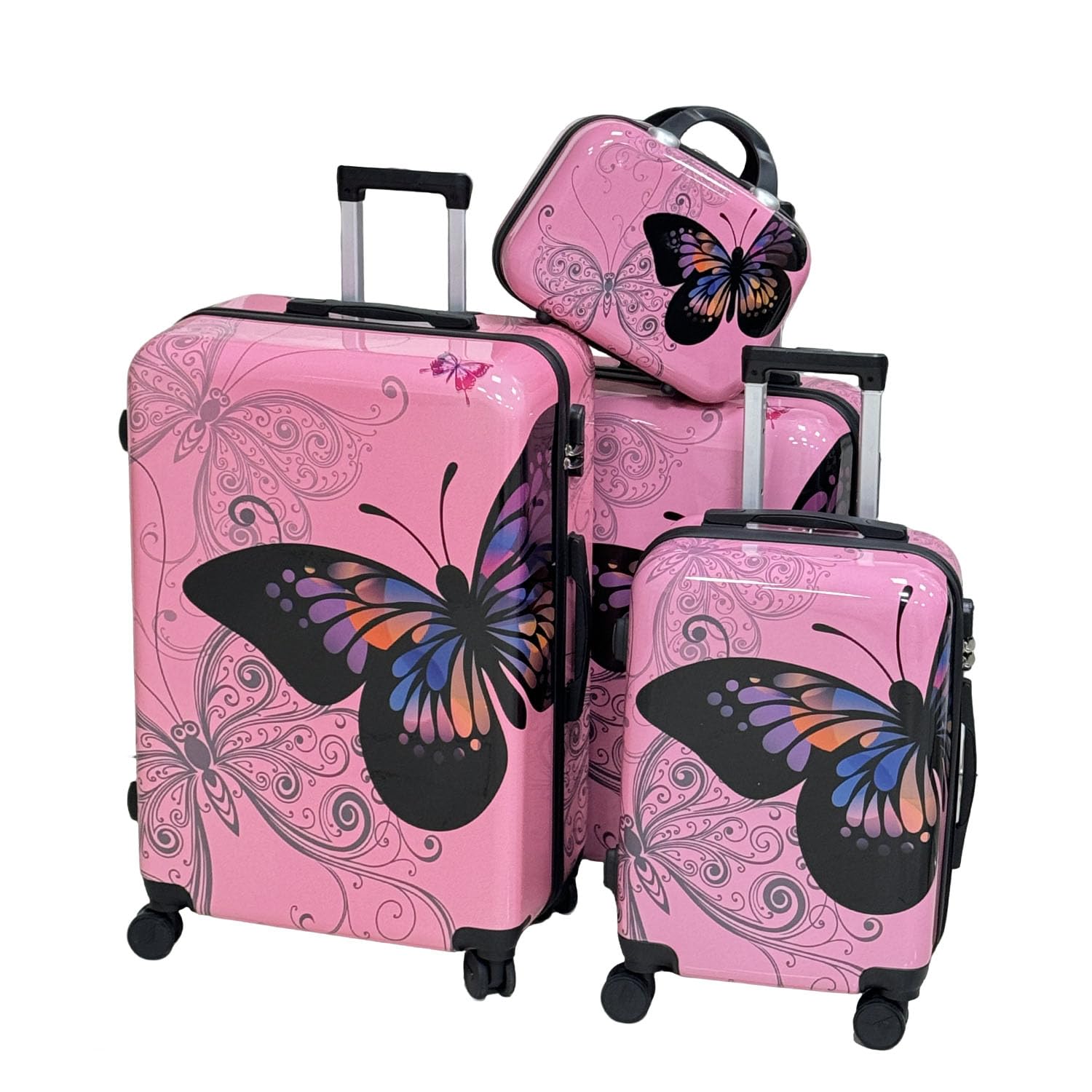 comfytour 4-Piece Luggage Set - Hardshell Lightweight Pink Butterfly Suitcase with Spinner Wheels, Travel Luggage Set for Women Men Family Trips