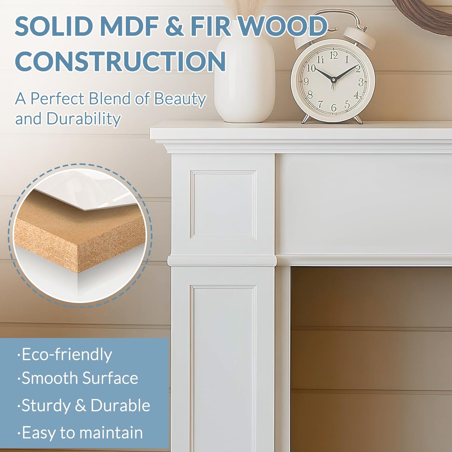 Modern Fireplace Mantel, 43.3" White Wooden Fireplace Mantel Surrounds with Leg for Electric Fireplaces, Premium MDF Decorative Freestanding Mantel for Living Room, Anti-Tipping & Waterproof