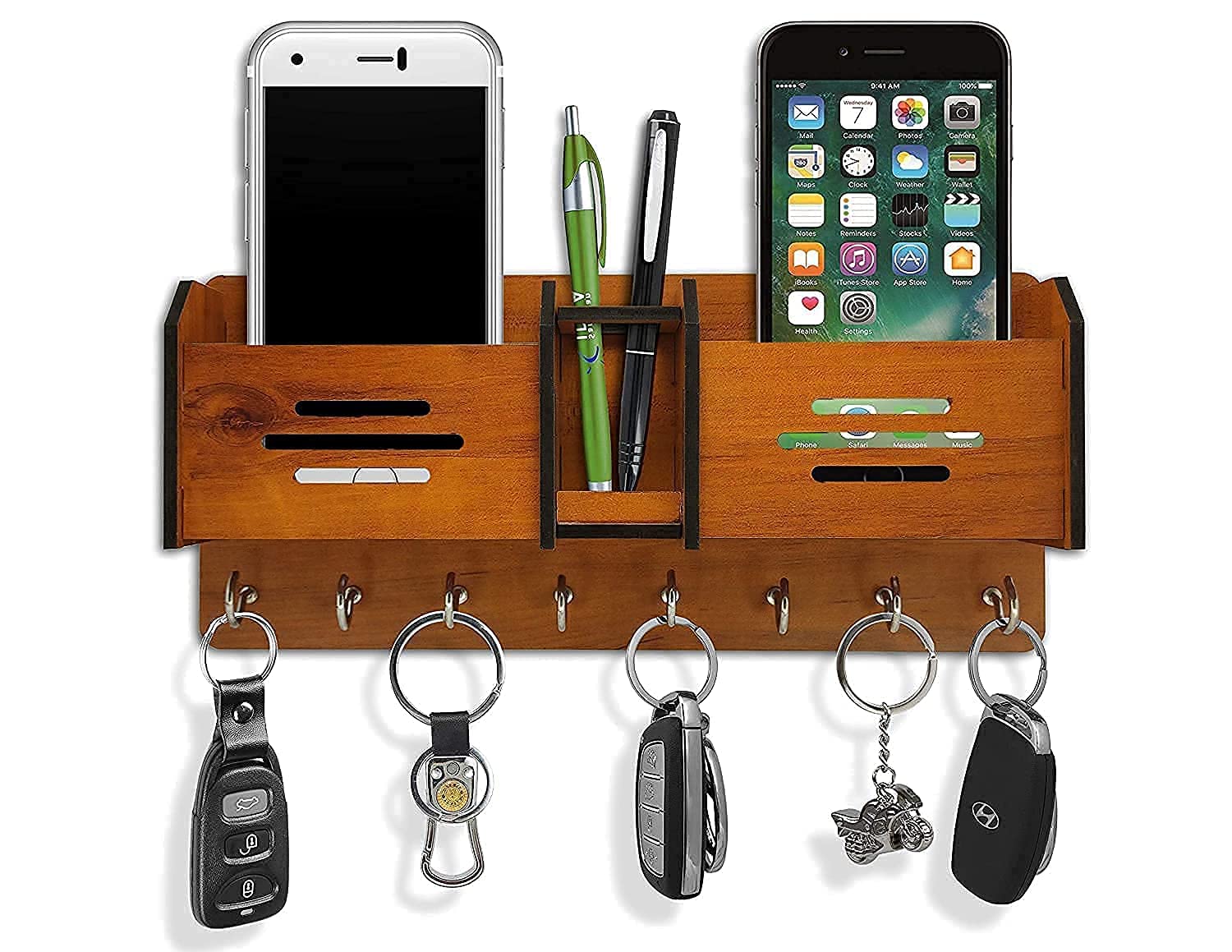 Wooden Key Holder with Storage Box Mobile Holder and Pen Holder, Wooden Home décor Wall Mount Key Holder Suitable for Mobile Charging Stand with 8 Key Holder (23cm x 10cm, Brown)-image-20