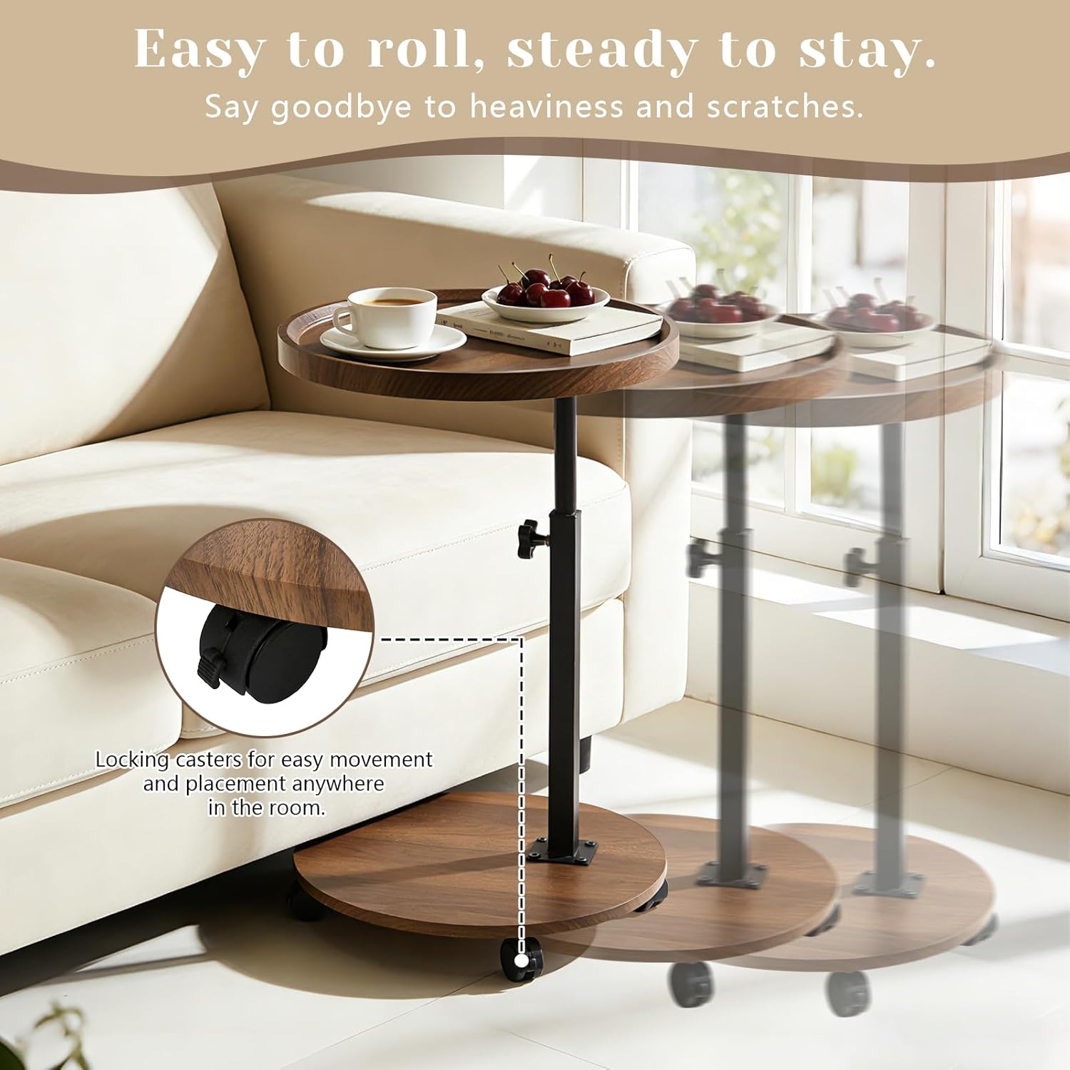 C Table End Table Adjustable Height, Couch Tables that Slide Under for Small Spaces, 360°Swivel TV Tray Table, C Shaped Side Tables Living Room and Bedroom for Sofa, Bed, Chair, Snack (Walnut Brown)