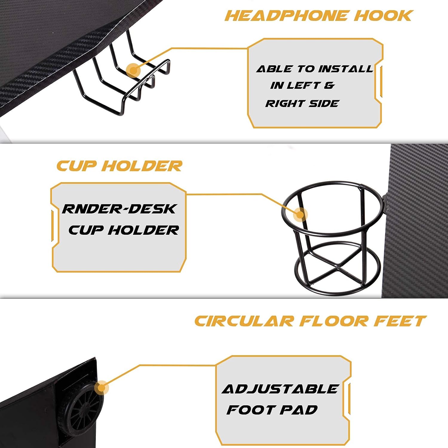 Detailed view of headphone hook, cup holder, and adjustable foot pads for the Polar Aurora Gaming Desk.