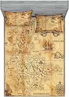Vista 112 de Ambesonne Island Map - Juego de sábanas bajeras y fundas de almohada, mapa del tesoro súper detallado, diseño de piratas rústicos grungy, tema