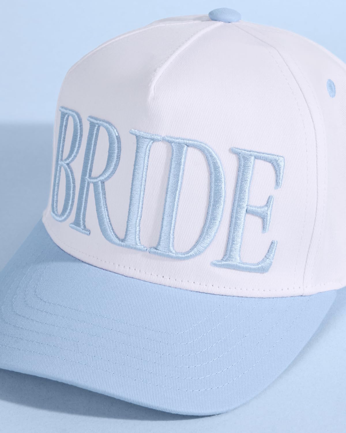 Condition photo showing New/Like New for xo, fetti white + blue bride trucker hat | bachelorette accessory, bridal headwear, bach party decorations, bridesmaid gift, wedding cap