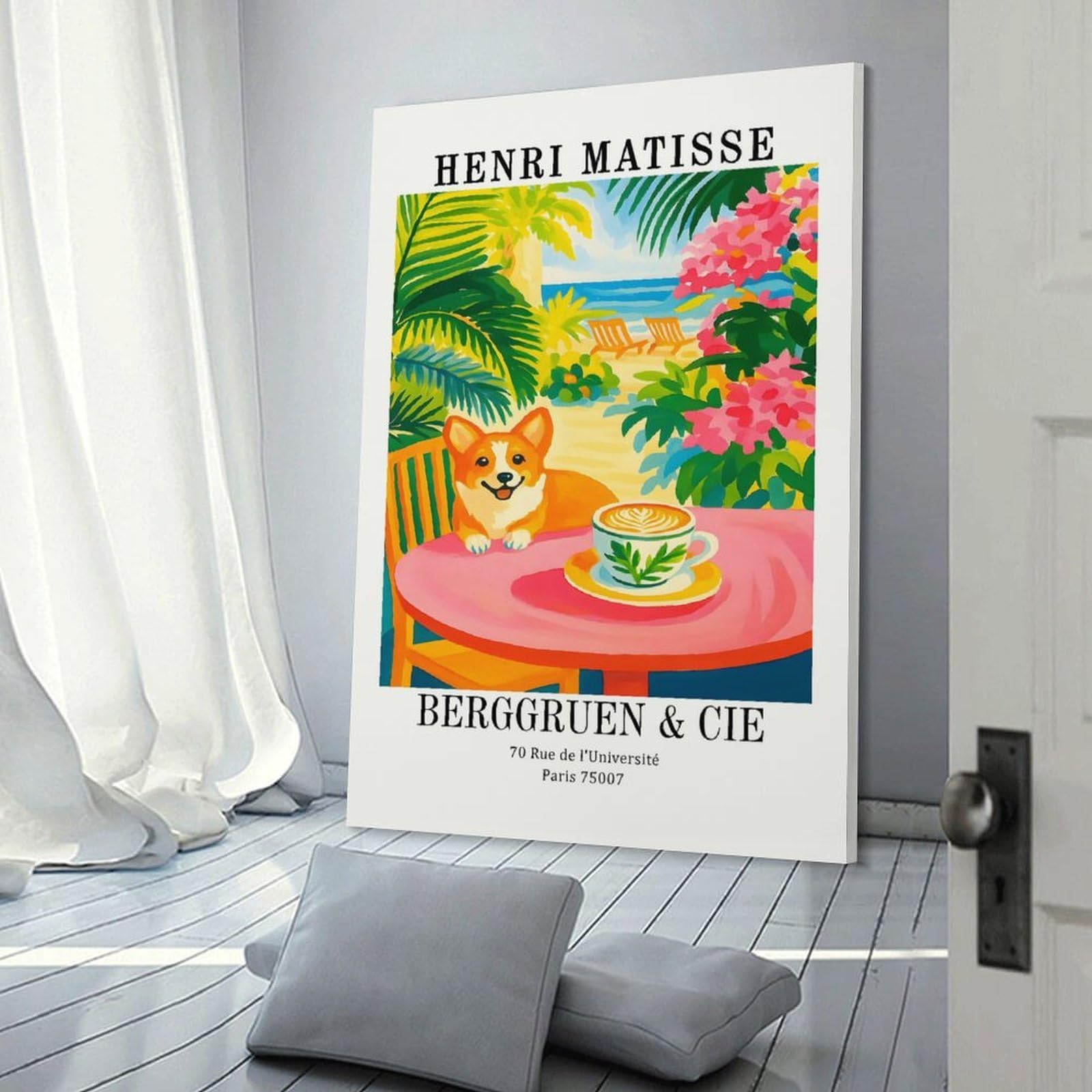 Junmoney Room Decor Wall Art Henri Matisse Corgi Beach Cafe Art, 12x18inch(30x45cm), for Entrance Spaces, Stair Walls Or Halls, Home Artwork for First Impressions
