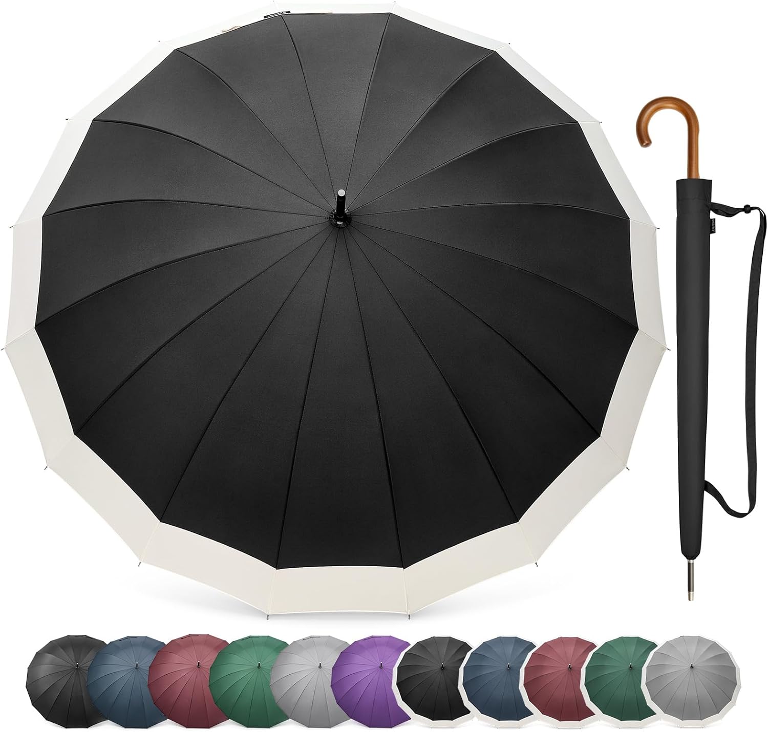 G4Free 54 Inch Large Windproof Umbrella for 2 Persons, 16 Ribs Auto Open Classic Wooden J Handle Cane Stick Golf Rain Umbrellas for Men Women Travel 120cm
