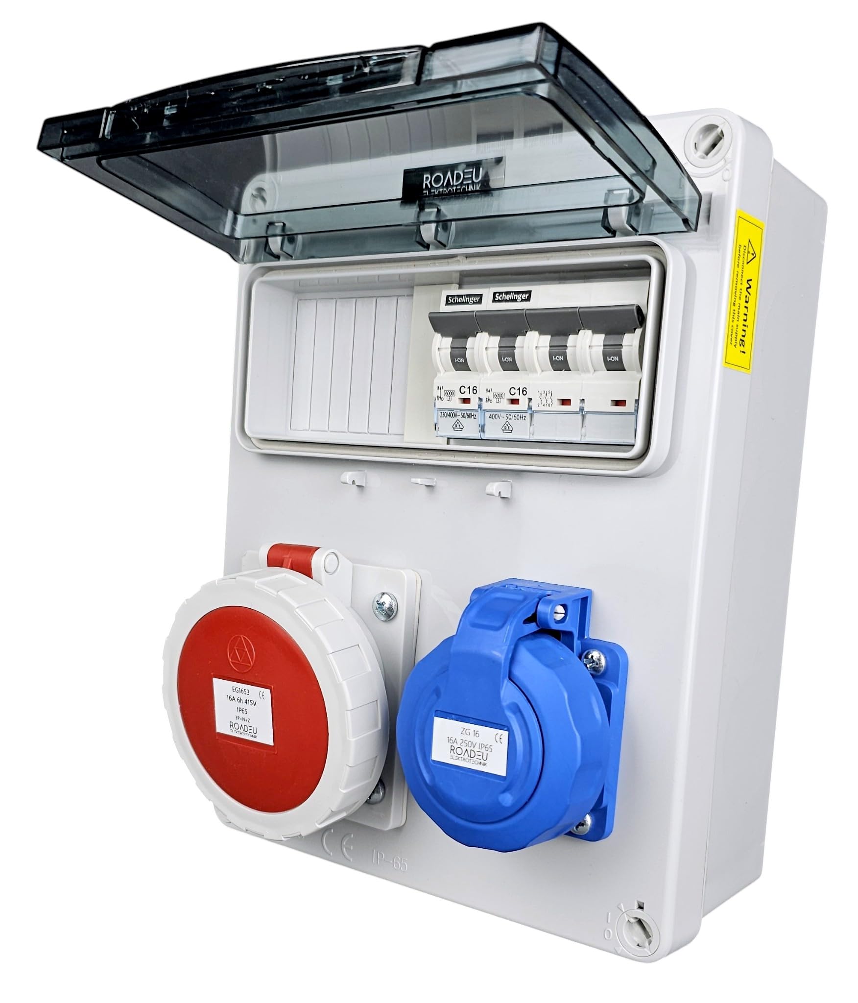 RoadEu Quadro elettrico IP65 CEE 16A 5P 400V e presa Schuko 230V | Interruttori magnetotermici VDE | C16A 3P + C16A 1P | coperchi avvitabili | montaggio a parete