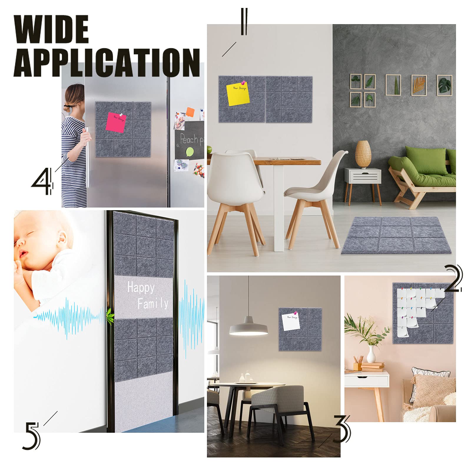 nbeads 4 STK. Filz Pinnwand, Quadratisches Filzbrett Schallabsorbierende Dekorplatte Memo Bulletin Wall Board Mit 40 Push Pins Für Office Home Decor, Grau, 30x30 cm