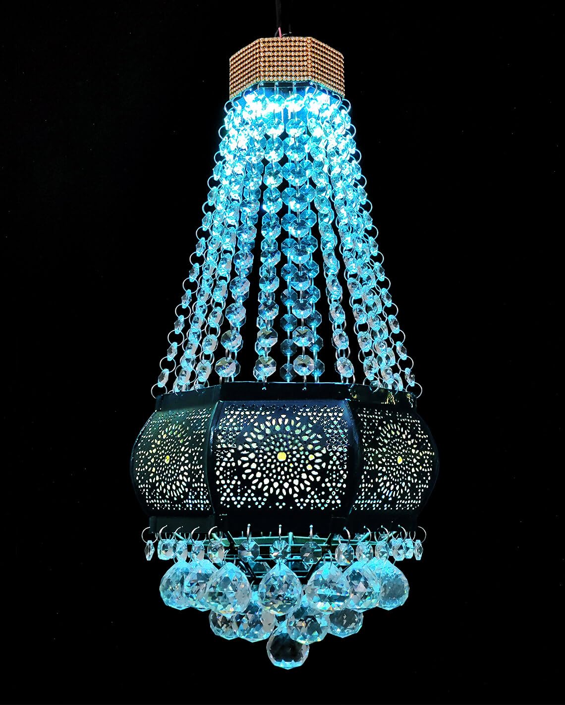 Multi-Colour Glass Crystal Hanging LED Chandelier Pendant Light Jhoomar Ceiling Lamp (Black & Gold, 12-Watts, Metal)-image-31