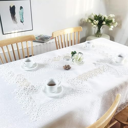 BrekSdat Mantel de encaje para mesas de comedor rectangulares de 60 x 120 pulgadas, tela de encaje de diente de león blanco, lavable para bodas,