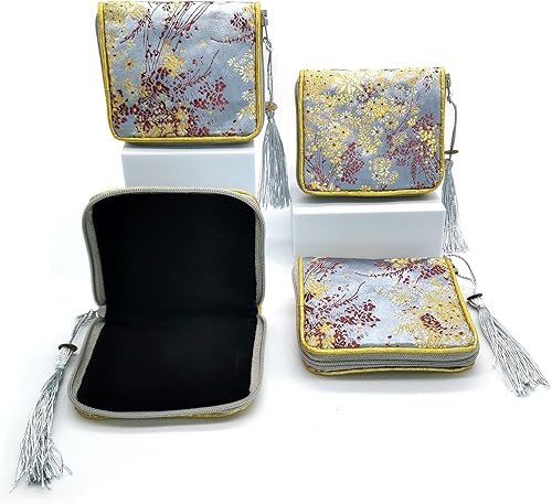 4 bolsas de joyería con cremallera Brocado, bolsas de cosméticos bordadas, monederos para mujeres