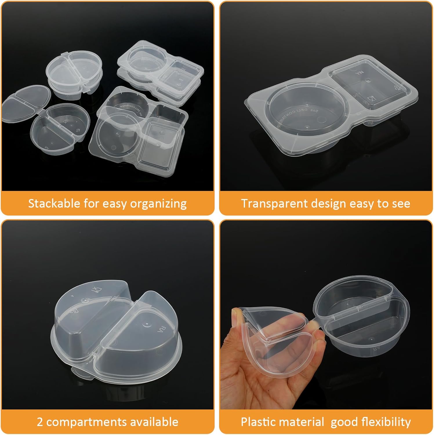 90Pcs Double Condiment Lids Portable 2 Compartment Snack Containers Clear Double Compartment Sauce Container Portion Cups 100ml and 130ml