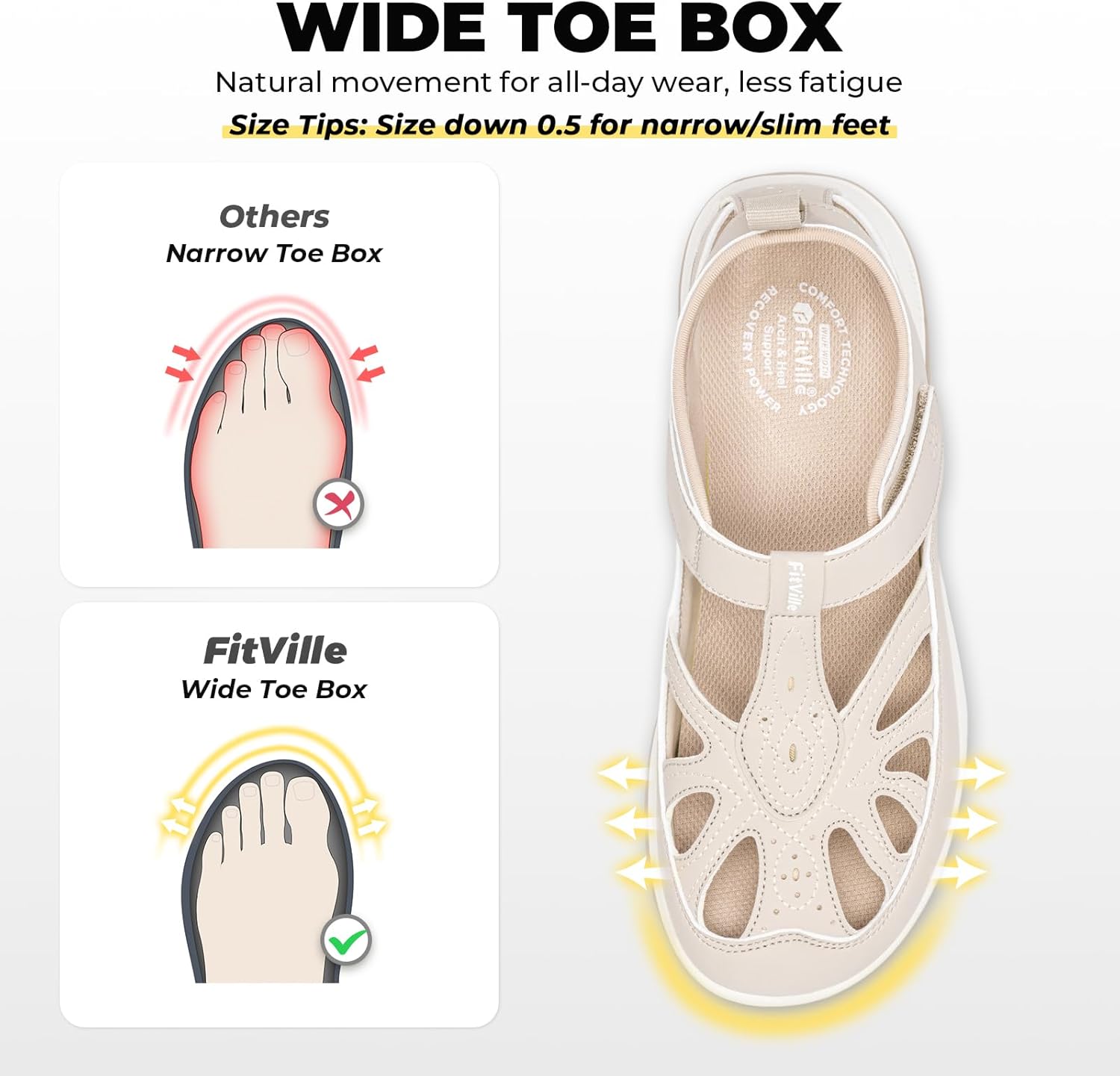 FitVille Extra Wide Womens Orthopedic Walking Sandals with Wide Toe Box, Outdoor Closed Toe Sandals with Adjustable Straps for Women, Arch Support Women's Shoes for Plantar Fasciitis, Swollen Feet