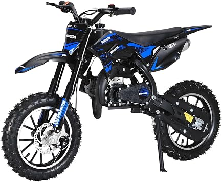 49CC Mini Motorcycle for Kids, 2-Stroke Gas Powered Dirt Bike with Pull Start, Up to 25 MPH, 10" Off-Road Tires, Front & Rear Disc Brakes, 330LBS Load Capacity, Shock Absorption Blue