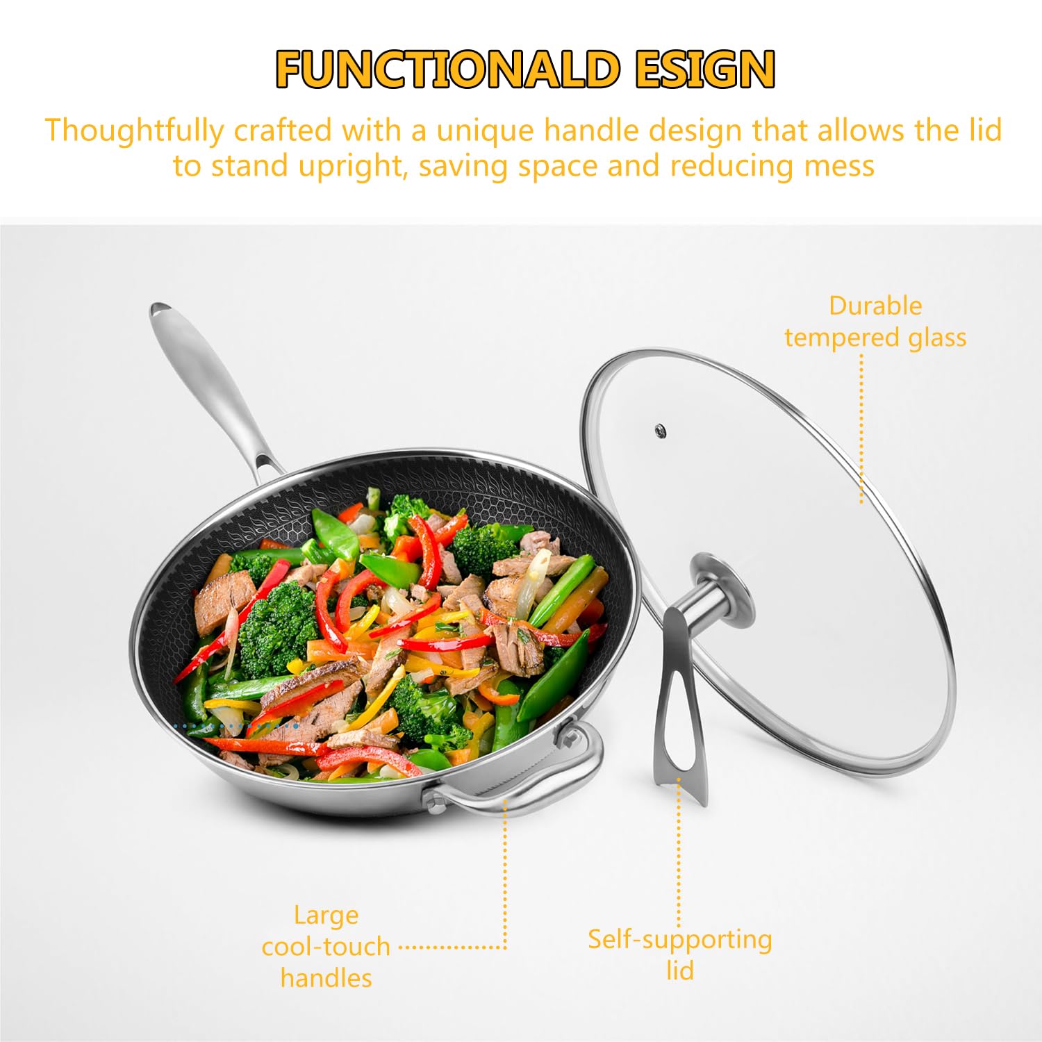 Amazon｜12.6インチ、蓋付きステンレススチール製中華鍋、ノン