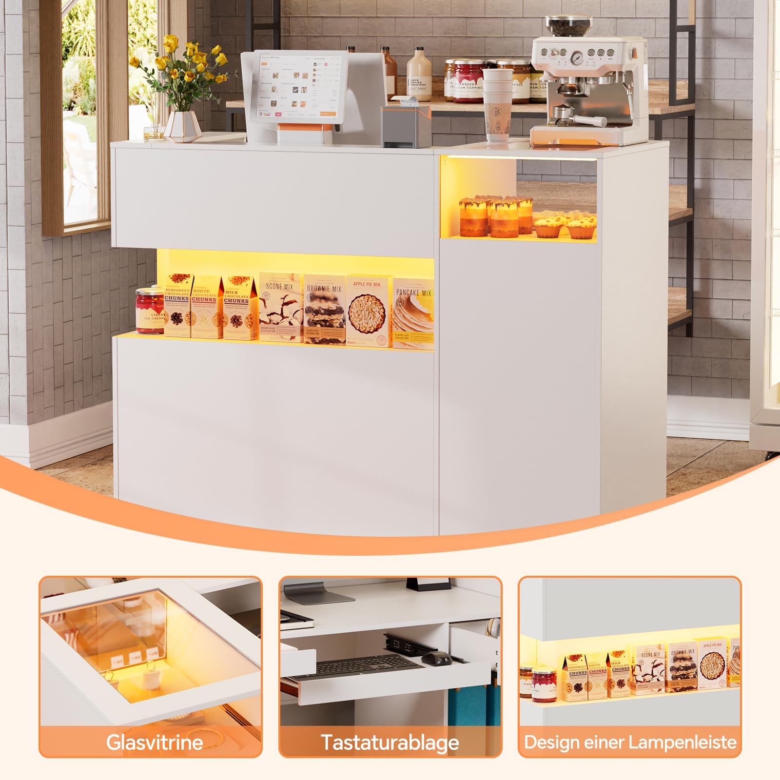Empfangstheke mit LED Große Rezeptionstresen mit Glasvitrine Tastaturhalter Schubladen und Stauraum Rezeptionstheke Geräumig Empfangstresen für Salon Geschäft Hotel Büro Kosmetikstudio 130x60x100CM