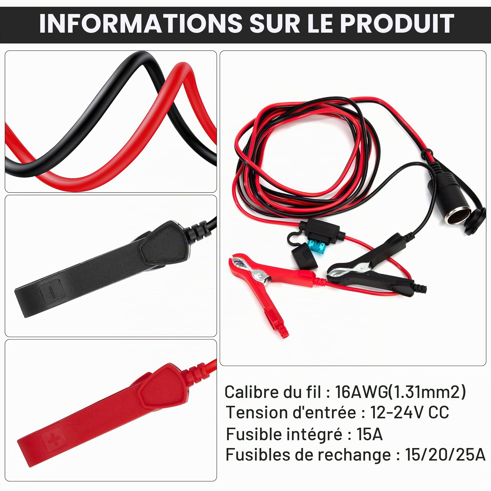 Rallonge Allume Cigare 12V Prise Allume Cigare avec Pince Batterie Voiture Câble d'Extension 3 Mètre 16AWG avec Fusible 15A/20A/25A