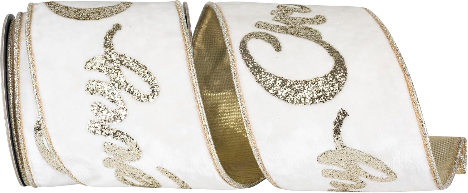 Reliant Ribbon Merry Christmas Bold Glitter Plush Velvet Deluxe Gold Backed Wired Edge, Ivory/Platinum, 4 Inch, 5 Yards