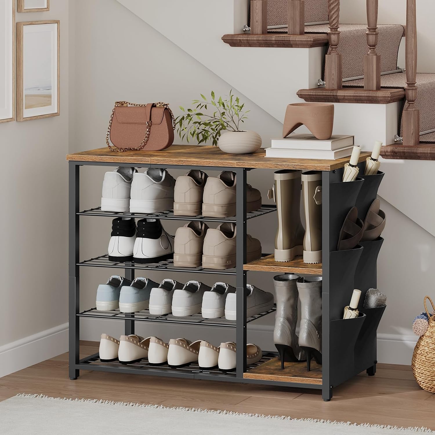 Industrial 5-Tier Shoe Rack, Metal Shoe Storage Organizer with Side Oxford Pocket, Entryway Heavy Duty Shoe Shelf for Small Spaces, Entryway, Hallway, Rustic Brown and Black SS84BR