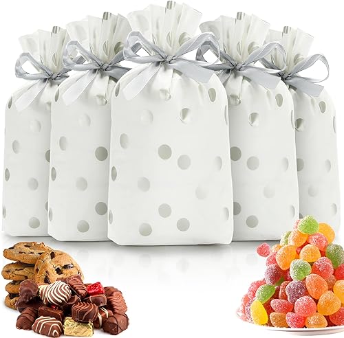 iziusy 50 bolsas de regalo de plástico con cordón para galletas de caramelo, bolsas de regalo de lunares plateados para fiesta de cumpleaños,