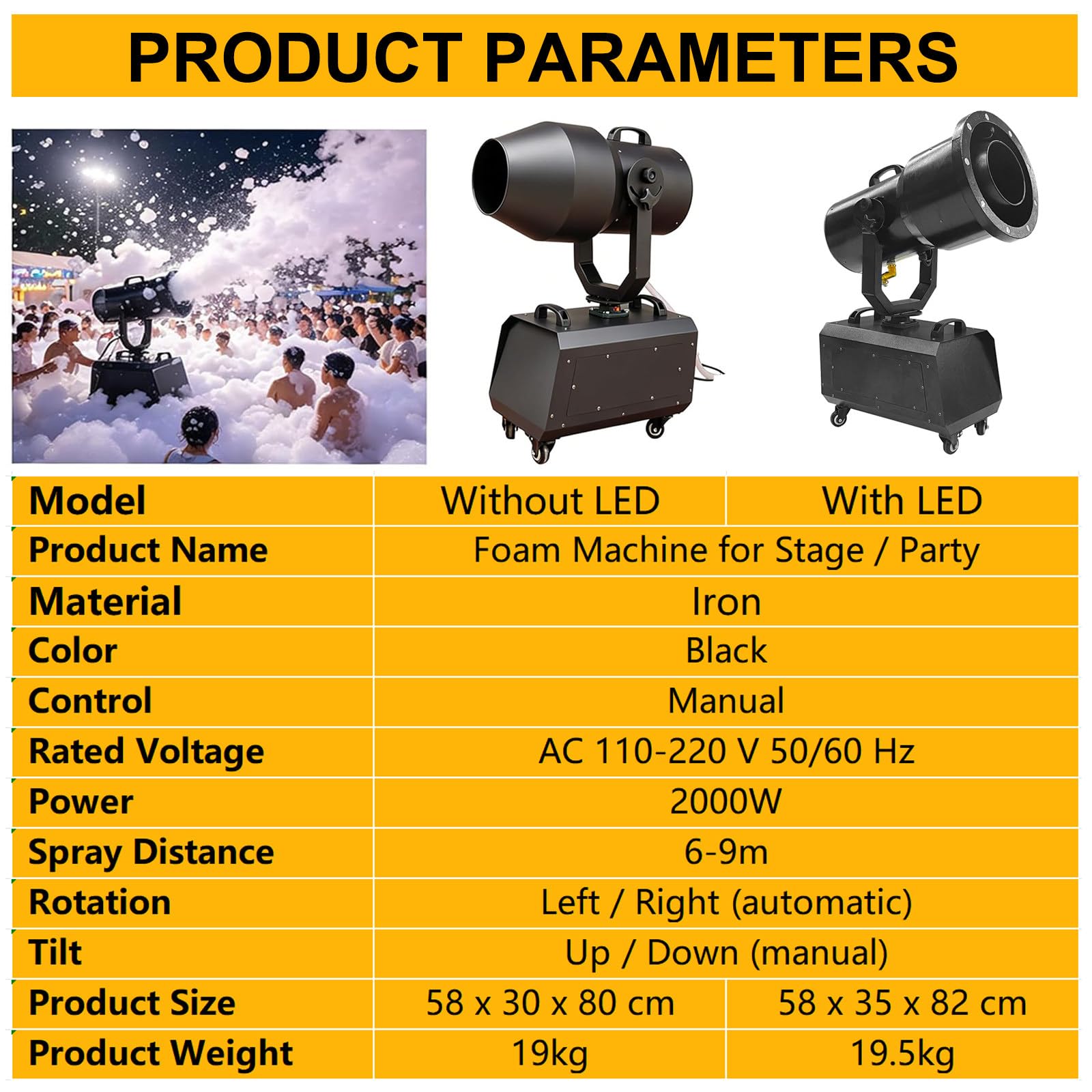 máquina de Espuma Giratoria Automática para Exteriores de 2000W con 2 Bolsas de Polvo para Espuma, Cañón de Espuma Oscilante para Fiestas en La Piscina, Bodas y Eventos en Clube with LED