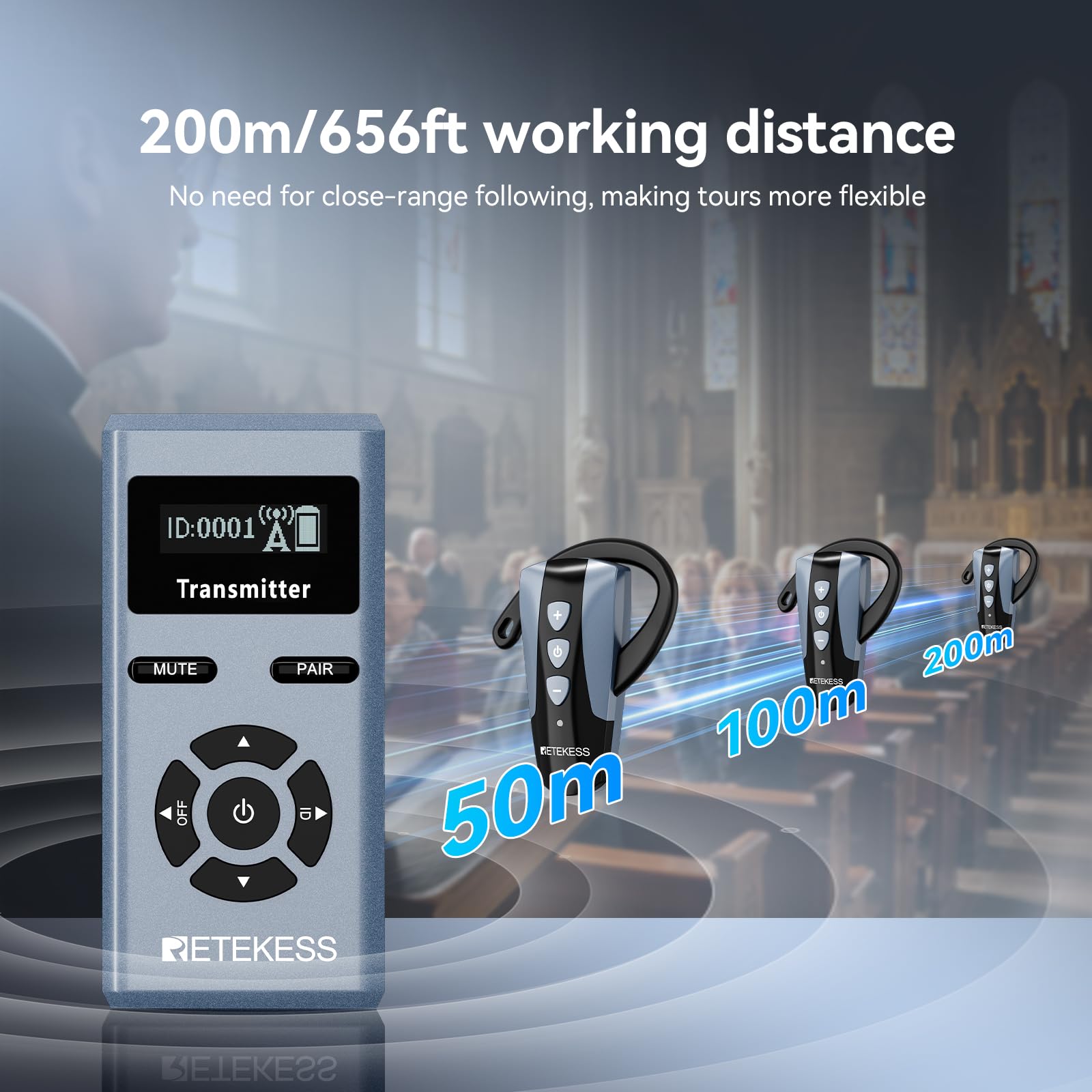 Retekess TT106S Bezprzewodowy System Tour Guide, Słuchawki z Zaczepem na Ucho, 2.4G, 200 m, Port Ladowania USB, dla Grup Turystycznych, Sesje Szkoleniowe (1 Nadajnik, 10 Odbiorników)
