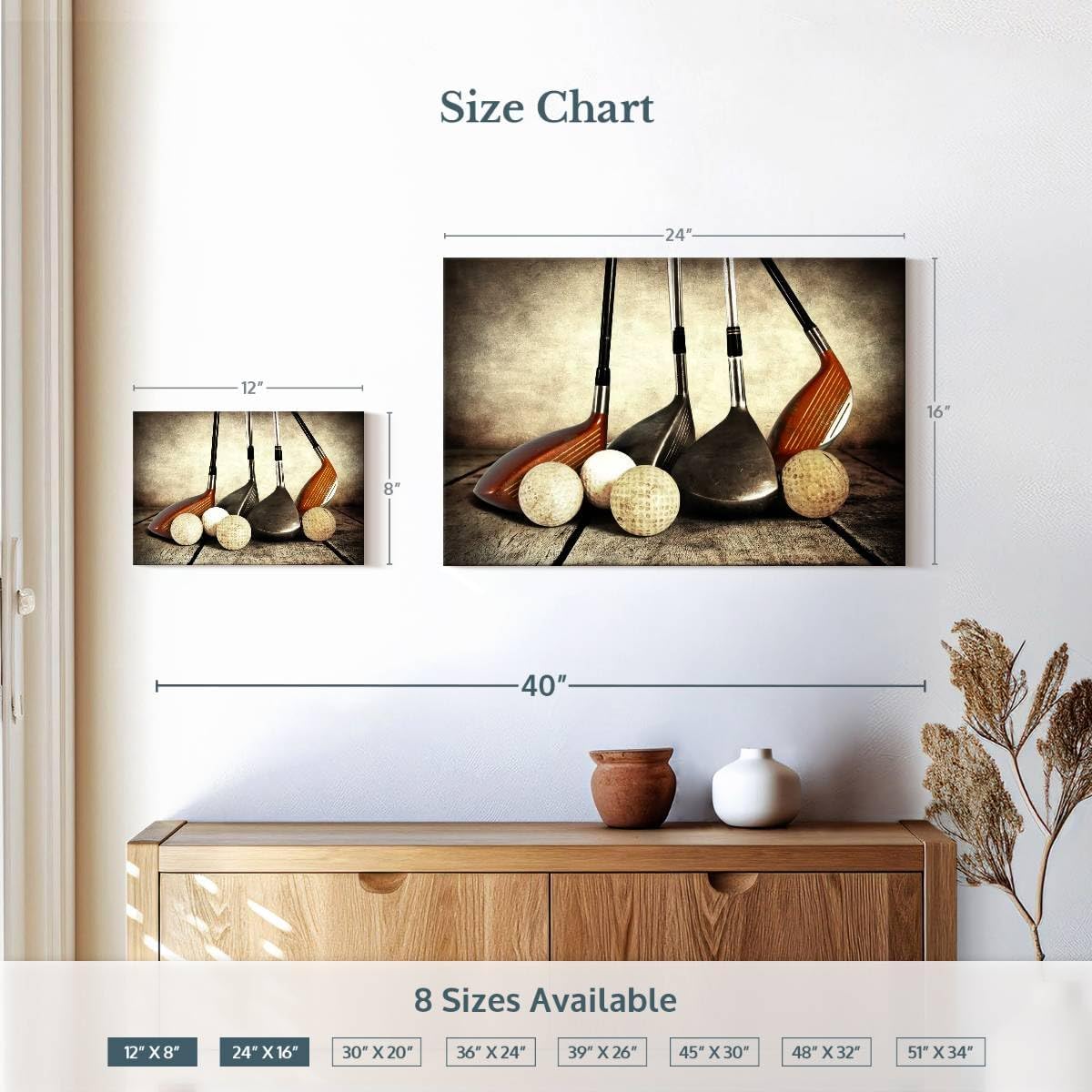 ElephantStock Golf Sets Canvas - 1 Panel Sports Wall Decor - Silver-Yellow Canvas Art - Vintage Sports Wall Decor for Men - 24" X 16"