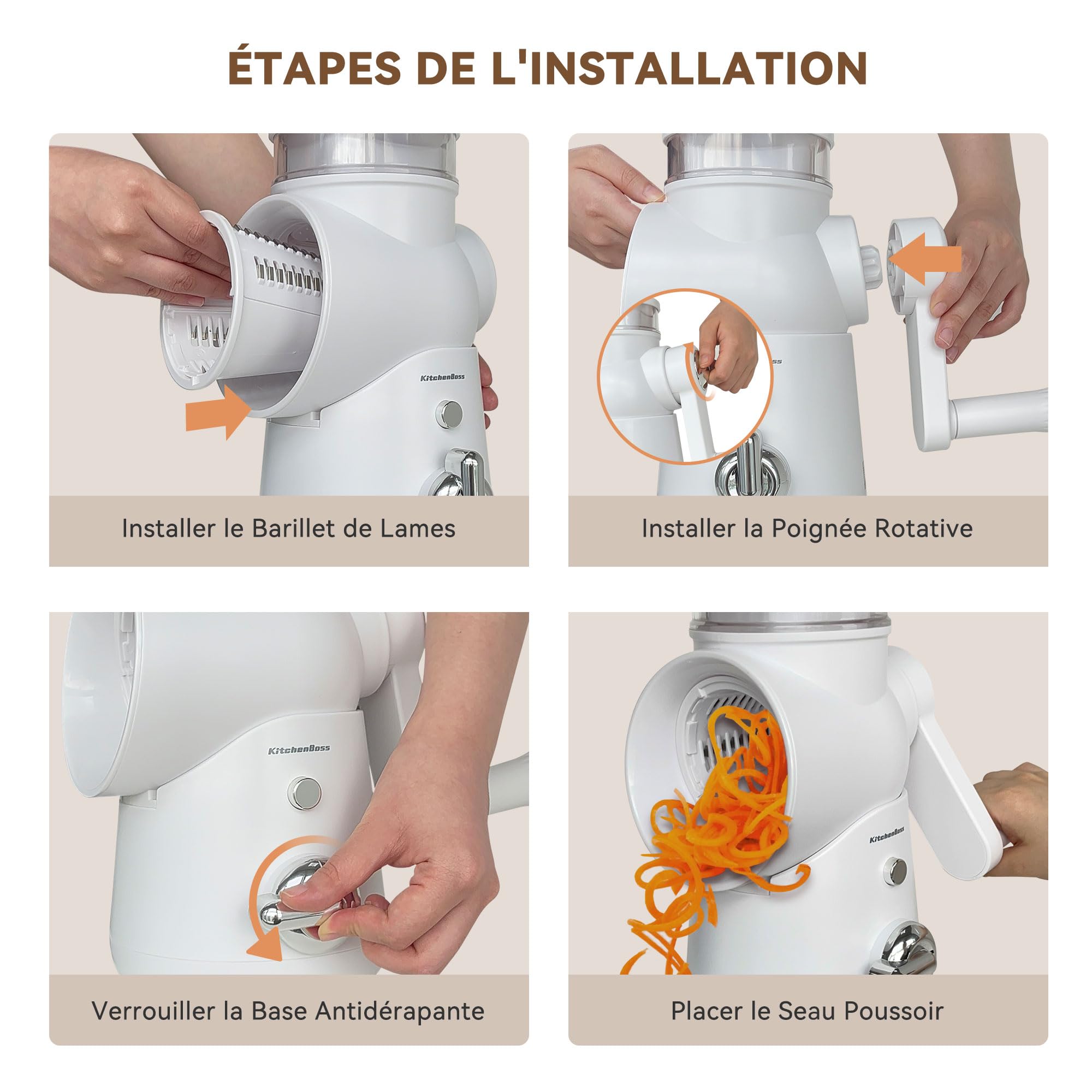 KitchenBoss Rapeuse Legume Manuelle,Rape Fromage:Coupe Légumes Multifonctionnel 3 en 1,avec Manivelle et 3 Lames de Rechange,peut être utilisé pour une large gamme de Fruits et Légumes,Blanc