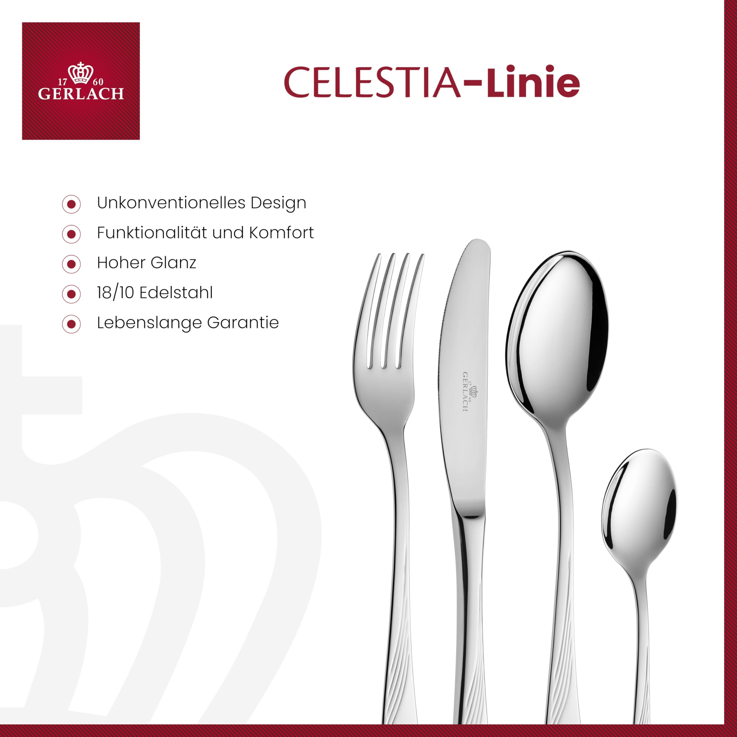 Gerlach Celestia Besteck-Set im Koffer 12 Personen Spülmaschinenfest Essbesteck Edelstahl Tafelbesteck Messer Gabel Löffel Teelöffel Kuchengabel Soßenlöffel Kuchenspachtel Gläzend Rostfrei 68 Stk