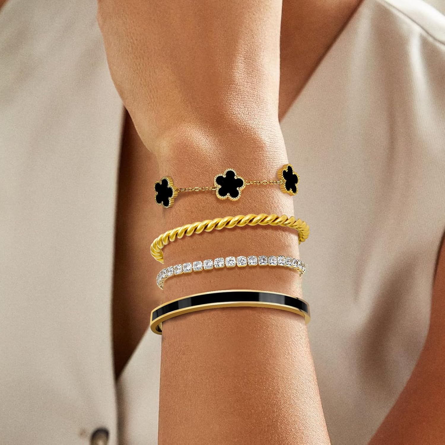 Gold Bracelets for Women, 18K Gold Plated Tennis Nail Clover love Bangle Bracelets Set Non Tarnish, Stainless Steel Trendy Stackable Bracelet Fashion Jewelry Accessories Gifts for Christmas - Image 6