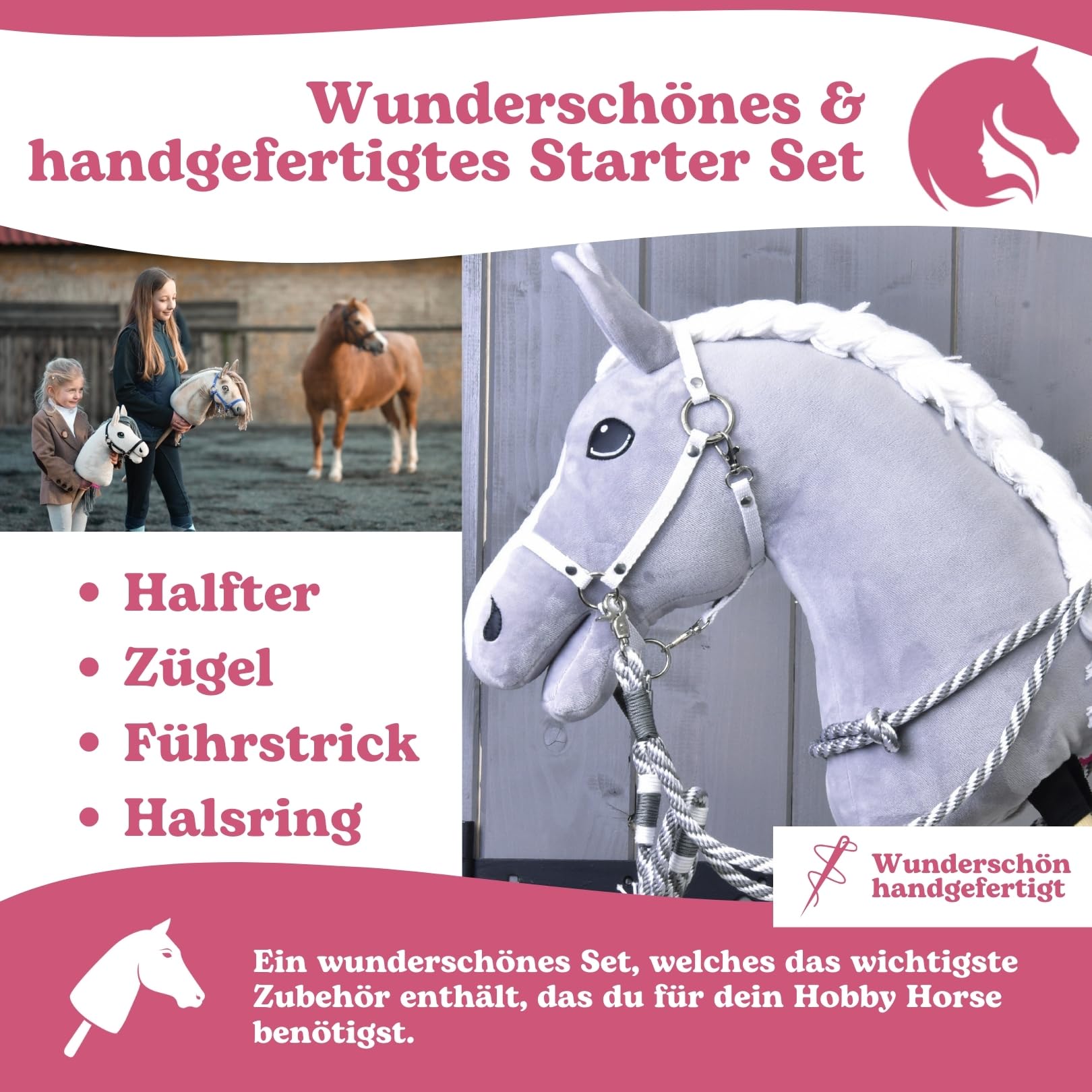 LarDen Hobby Horse Zubehör Set Start - Halfter mit Strick, Halsring, Zügel für Große M Steckenpferd - Silber, Stockpferd StarterSet, Hobby Horsing Pferd, Spielzeug Kinder, Spielpferd Führstrick