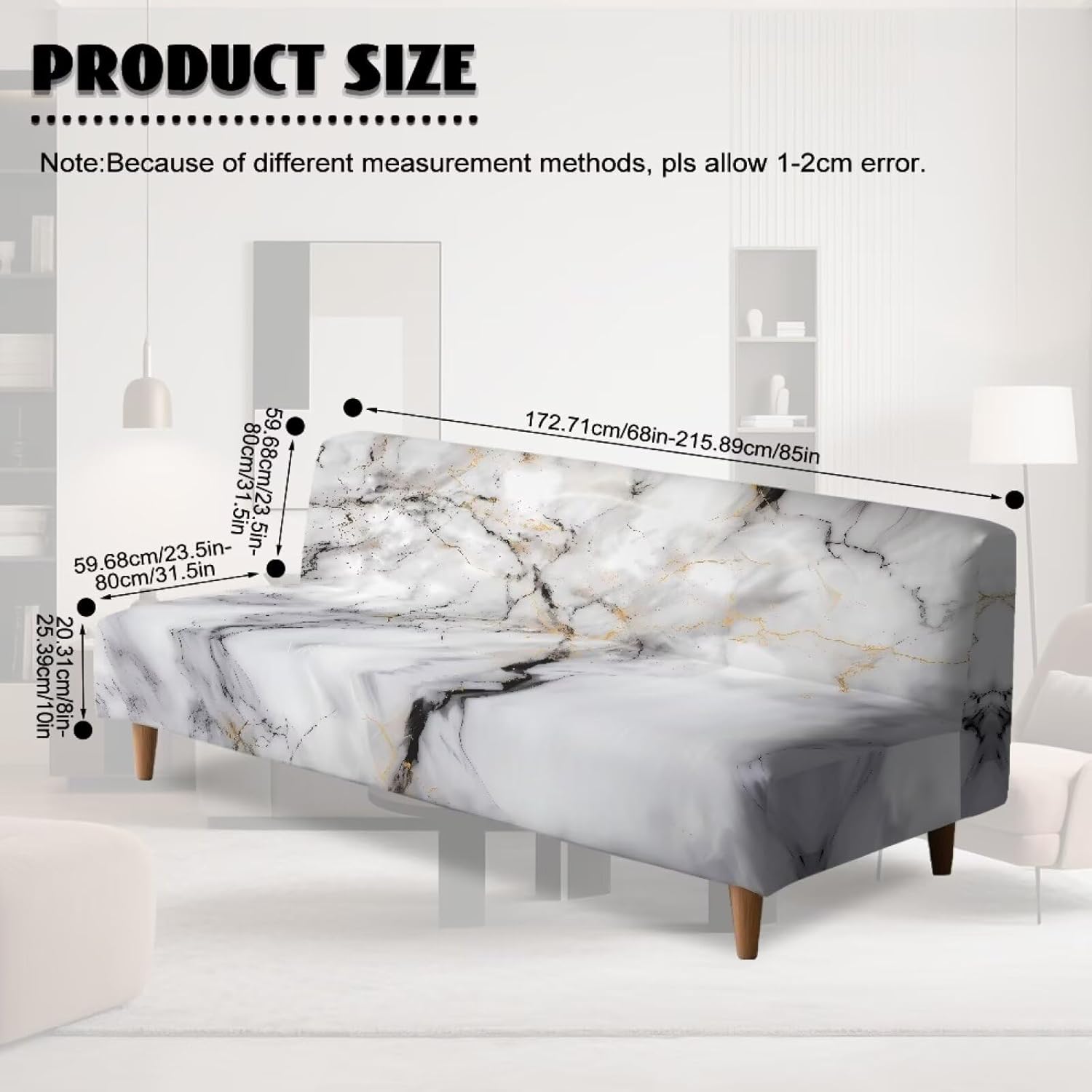 Marble Print Gray White Stretch Armless Futon Cover Futon Slipcover Anti Slip Sofa Bed Cover Furniture Protector with Elastic Bottom, Machine Washable