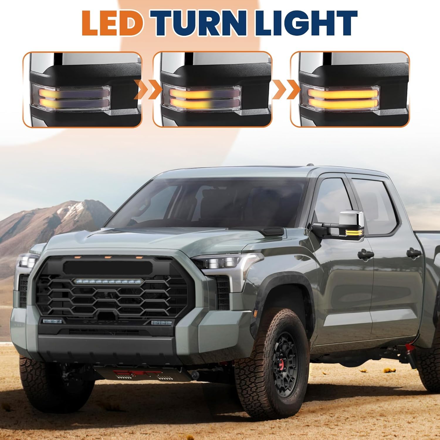 KUIPERAUTO Power Fold Towing Mirrors with BSM Compatible for 2007-2021 Toyota Tundra/ 2008-2021 Sequoia w/Sequential Turn light, Parking Lamp Chrome Housing 2PCS