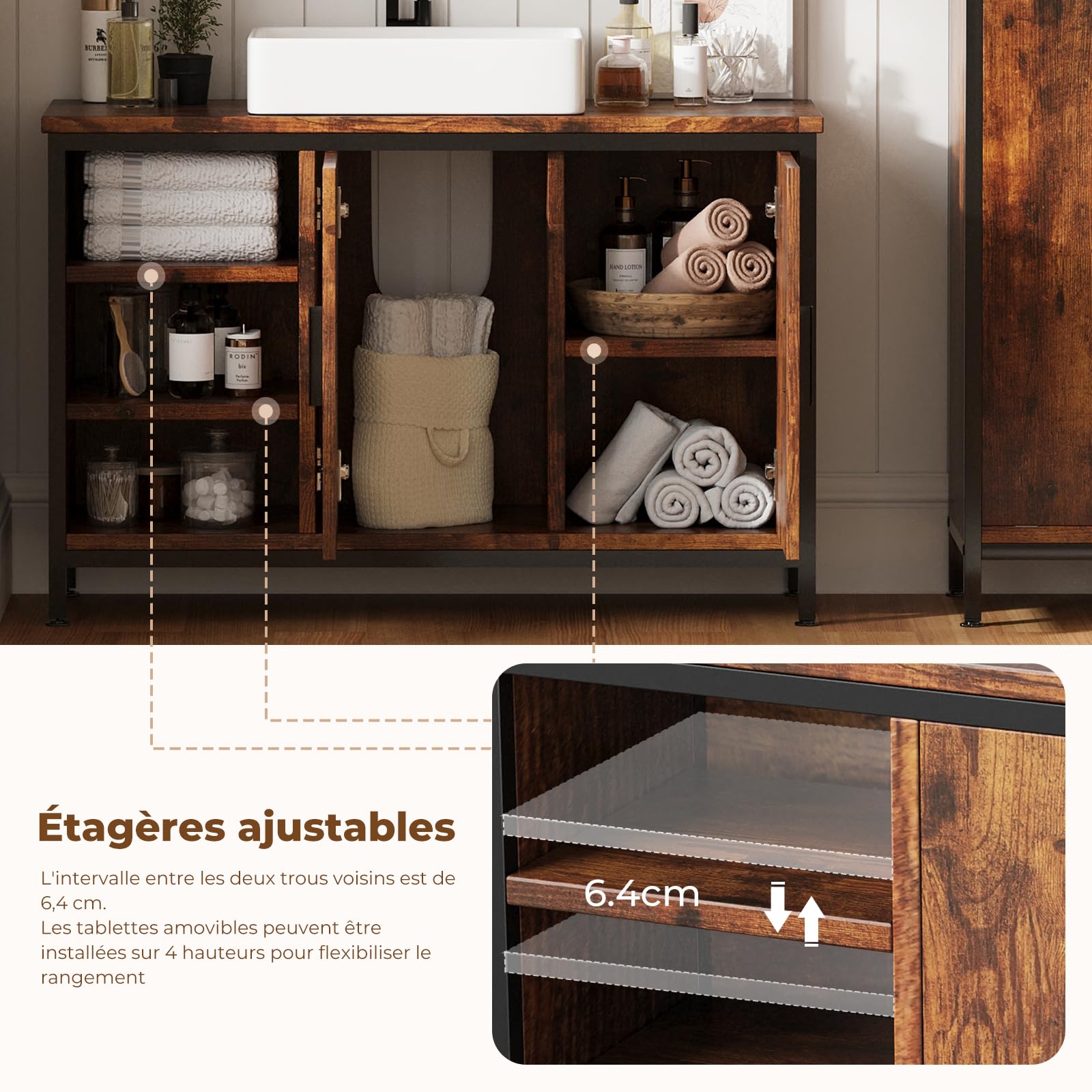 ELUCHANG Meuble Salle de Bain, Meuble sous Lavabo, Étagères Réglable, Compartiments Fermés,Meuble de Rangement, Meuble Vasque Salle de Bain,90x30x60cm, Vintage+Noir