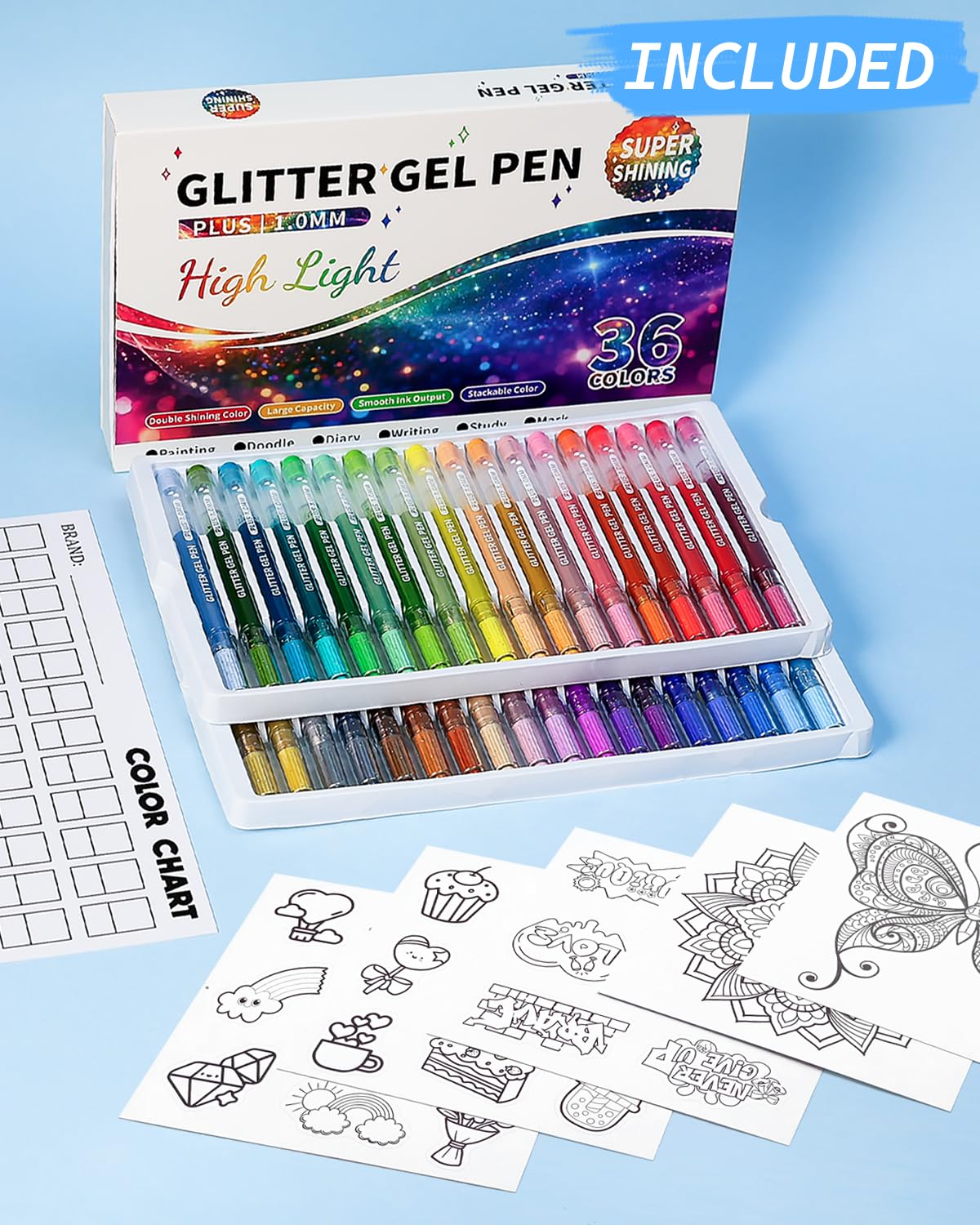 Bolígrafos de gel con purpurina para adultos, 36 colores especiales de gel con purpurina metálica brillante, bolígrafos de punta de 1.0 mm, bolígrafos de tinta de gran capacidad para colorear