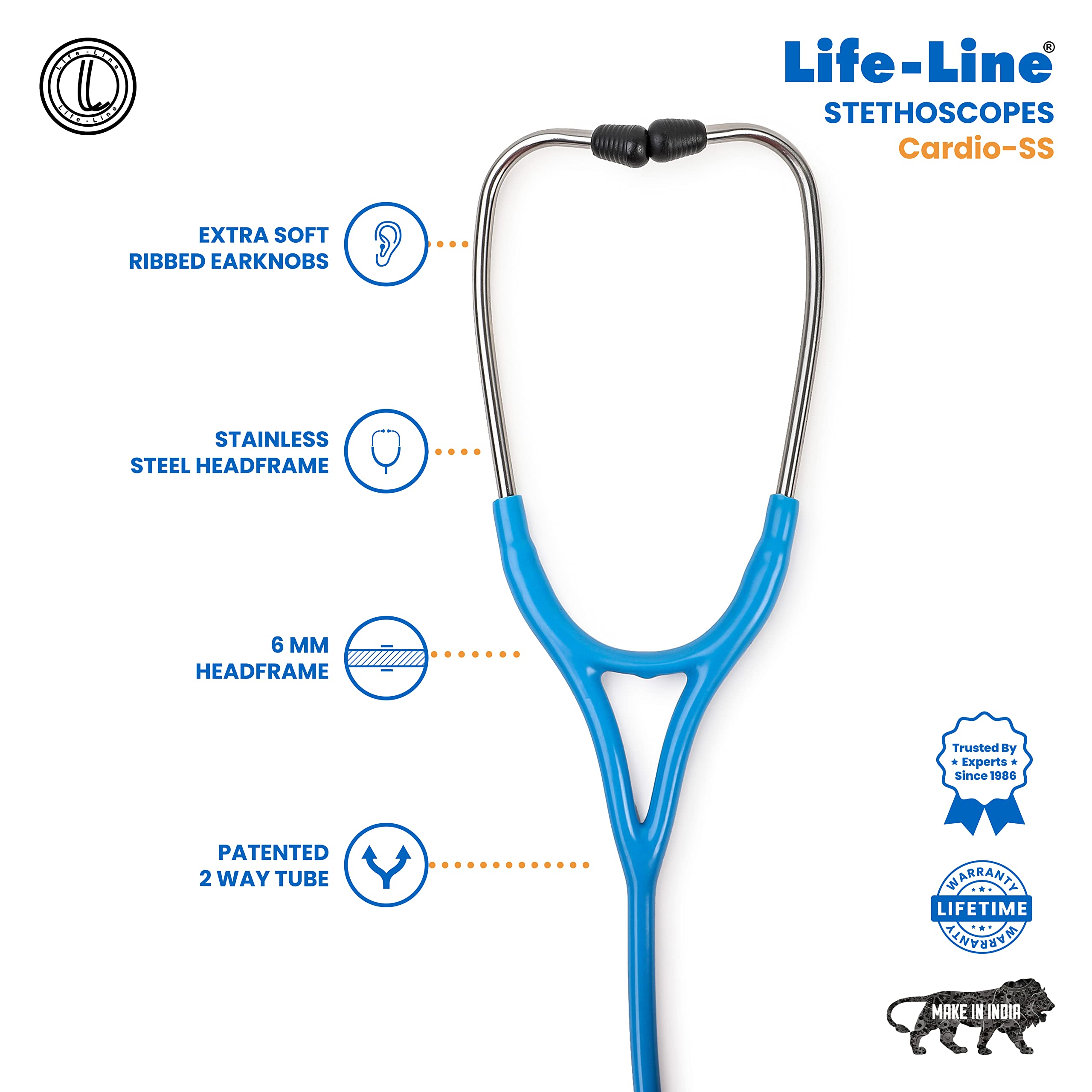 LIFE LINE Cardio SS Stethoscope (Light Blue) | Single Side Diaphragm Stainless Steel Chest Piece for Adult | 2-way Tube | Best for Doctors 2