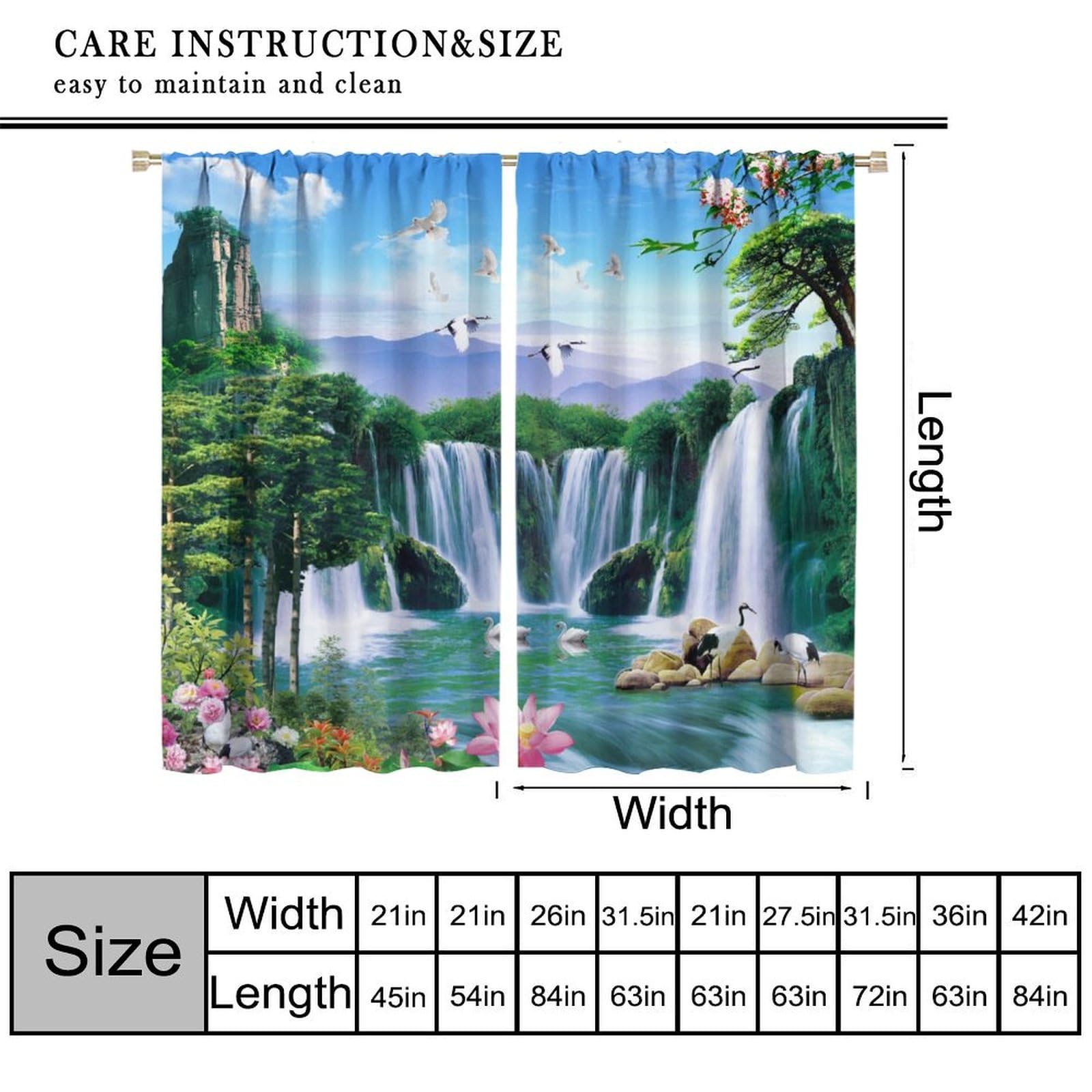 KANEPE Waterfall Curtains, Forest Countryside Landscape White Crane Asian Style Window Treatments, Rod Pocket Thermal Insulated Drapes 2 Panel Sets for Bedroom Living Room, 42