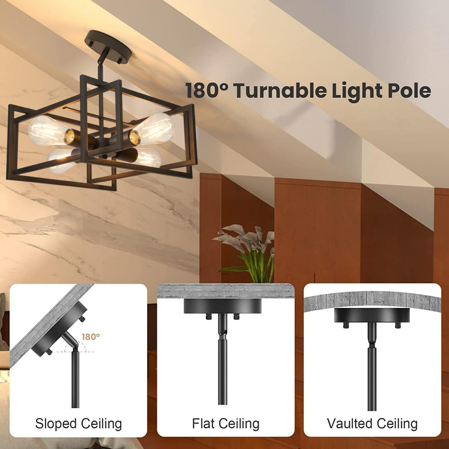 Black Ceiling Light Industrial Semi Flush Mount Ceiling Lighting Fixture 4-Light Farmhouse Vintage Metal Chandelier Lamp for Kitchen Island Hallway Bedroom