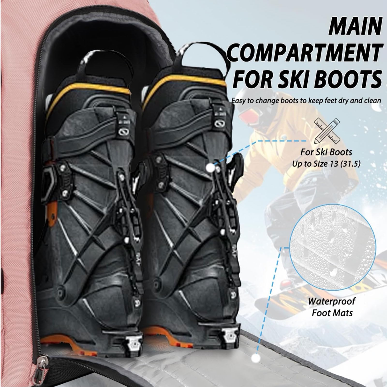Torba na buty narciarskie z oddzielną kieszenią na kask, wodoodporna, wyściełana, wodoodporna, otwory wentylacyjne, kilka przegródek, na buty narciarskie, kask i akcesoria, uniseks