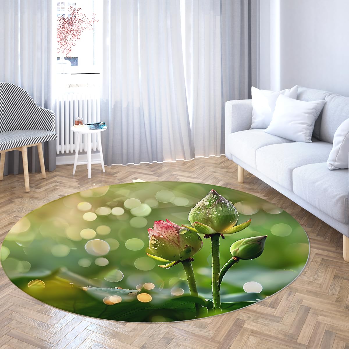 Tapis rond lavable chenille 120cm vert rose motif lotus vintage pour salon