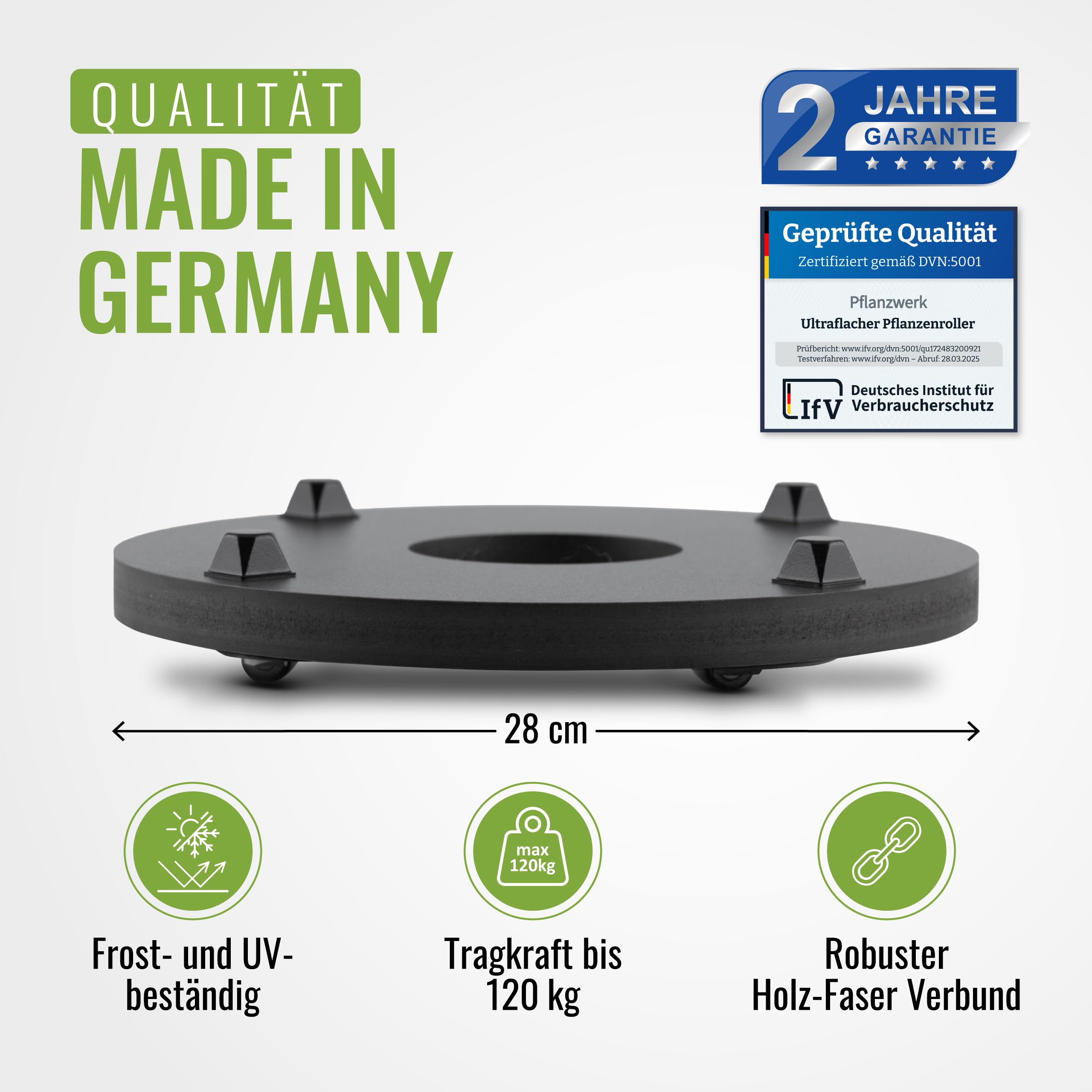 Pflanzwerk® Porta Plantas rodante *ULTRAPLANO Diseño Bajo Plato con Ruedas* Ø28cm para Todas Las macetas y jarrones *Diseño Patentado* * Capacidad de Carga 120KG* * Made in Germany **.