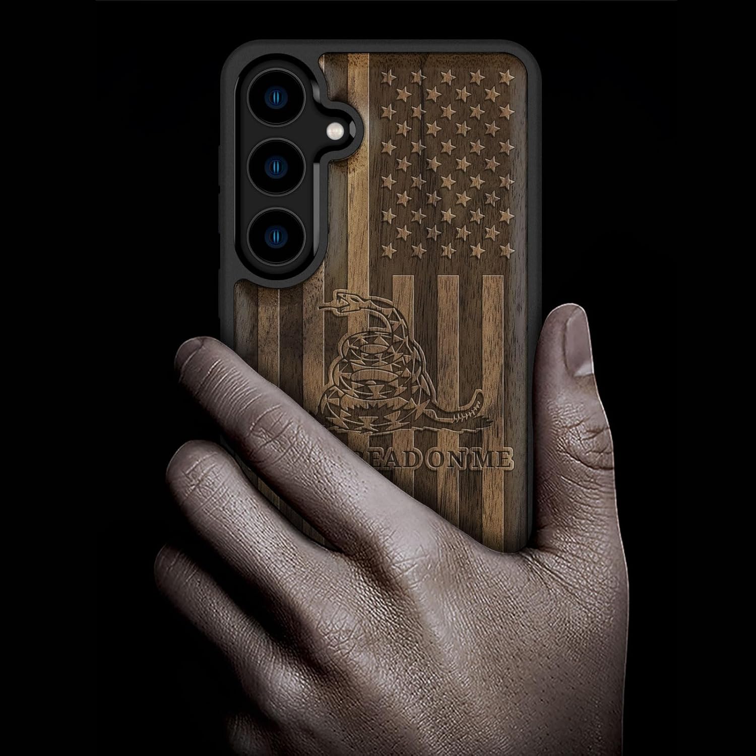 Carveit Wood Case for Galaxy S24 Case [Natural Wood & Black Soft TPU] Shockproof Protective Cover Unique Wooden Design Compatible with Samsung S24 (Gadsden and American Flag-Walnut)