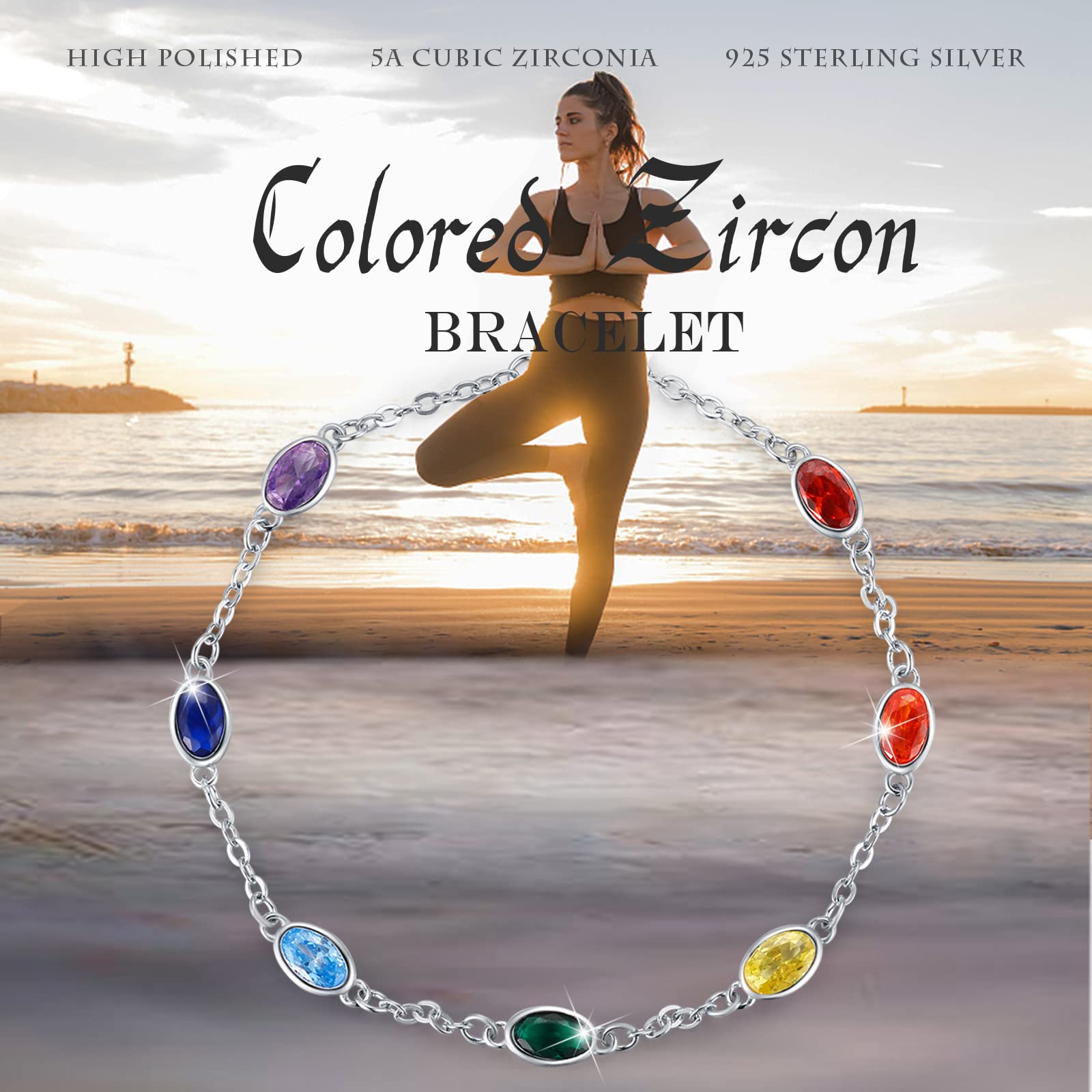 Pulsera de chakra de plata de ley con 7 chakras, pulsera de yoga, pulsera de enlace para muñeca, cumpleaños, regalos de Navidad para mujeres, esposa, novia, novia, 7+2, Plata de ley