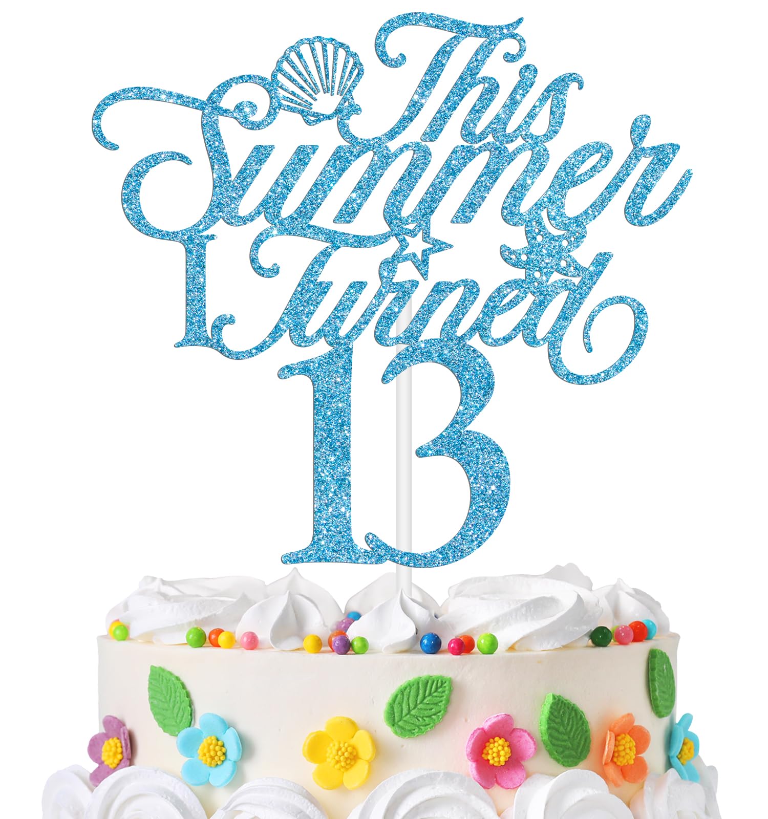 The Summer I Turned 13 Cake Topper, Summer 13th Birthday Cake Decor, Ocean Beach Under the Sea Theme 13 Years Old Birthday Party Decorations Supplies for Teens Blue Glitter