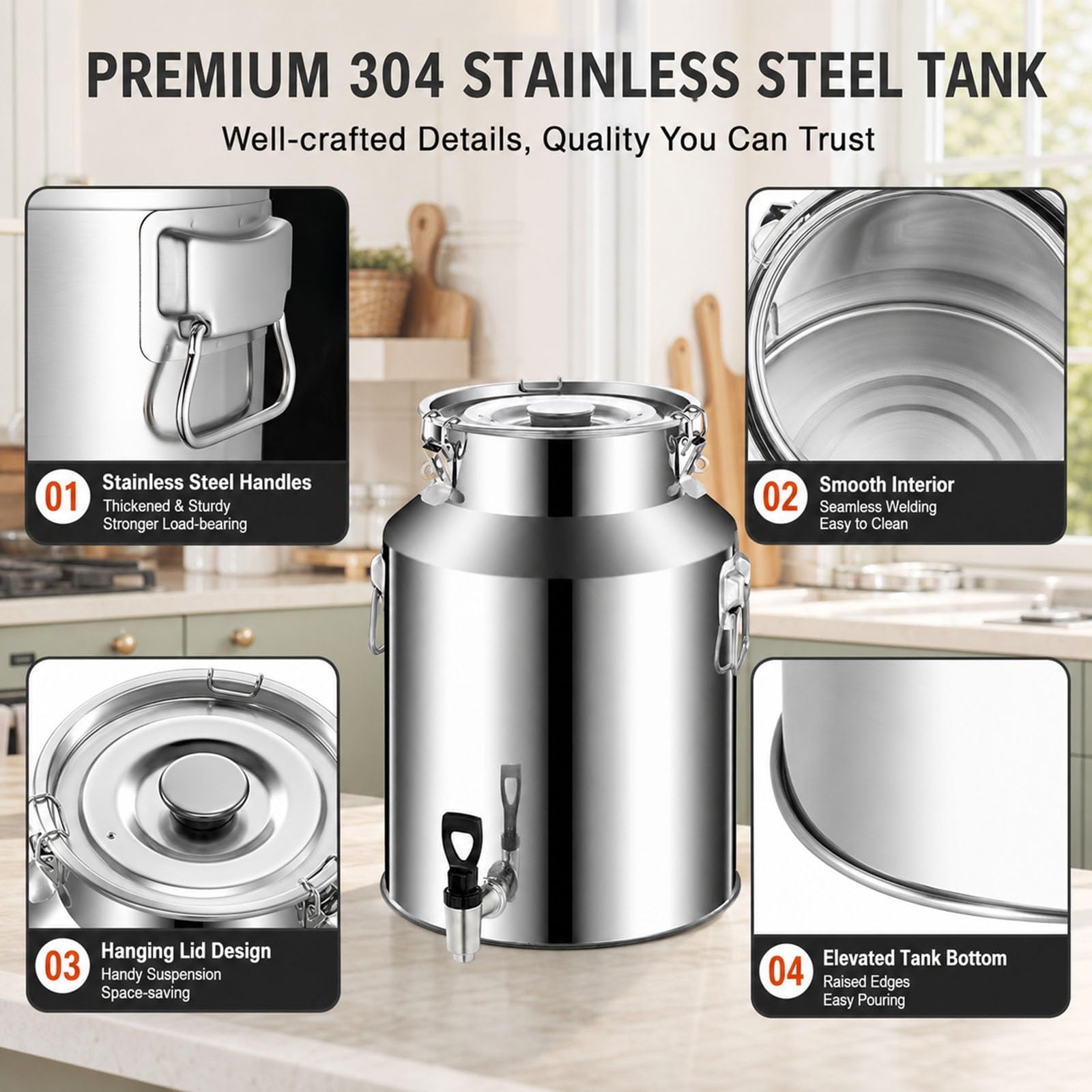 Bricco del Latte Fusto in Acciaio Inox 304 con Rubinetto, 64L 76L 88L Contenitore Alimentare con Coperchio Ermetico Antiperdita, Secchio per Conservazione Olio, Vino, Acqua e Latte
