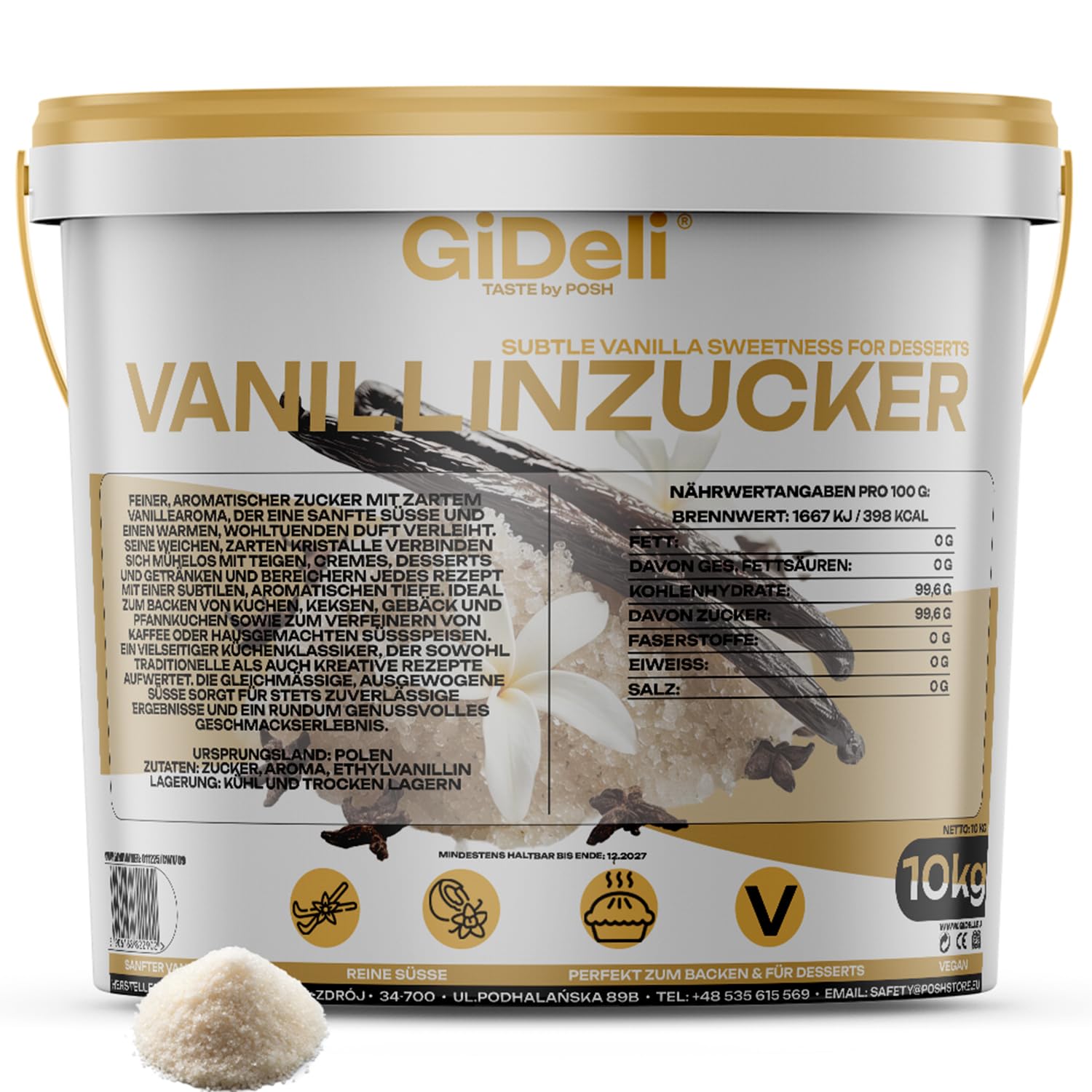 GiDeli Vanillinzucker 10kg im Eimer - Feiner Vanillezucker zum Backen mit zartem Vanille Aroma - Vanillin Zucker für Kuchen, Plätzchen, Desserts, Sahne & Kaffee - Pure Süße - Vegan