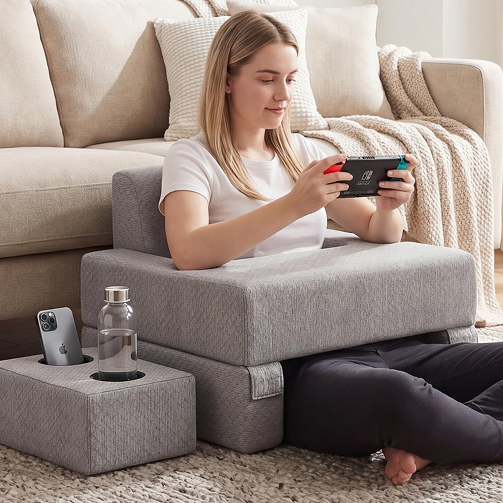 Giantex 3-Piece Reading Pillow Set, Extra Large Lap Desk with Coaster, Back Cushion & Storage Pocket, Ergonomic Wedge Pillow with Arm Rest for Bed Couch Floor Sitting up Gaming Reading, Grey
