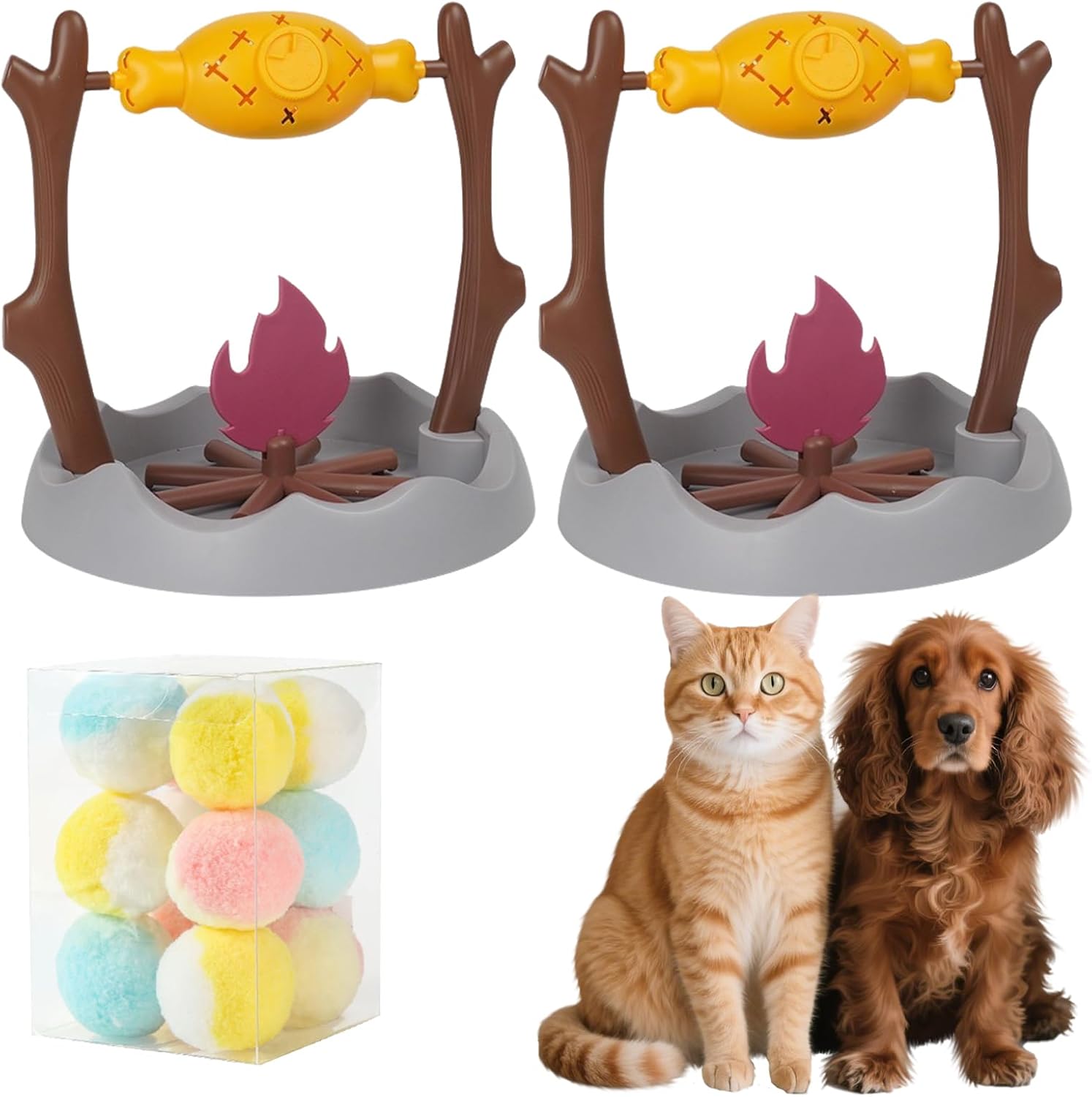Campfire Cat Feeder,11" Cat Campfire Treat Slow Feeder - Slow Feeding/Educational/Exercise,Grilled Fish Spinning Toy with 360° Rolling Rotation Leakage,Easy to Clean & Durable for Daily use (2pc)