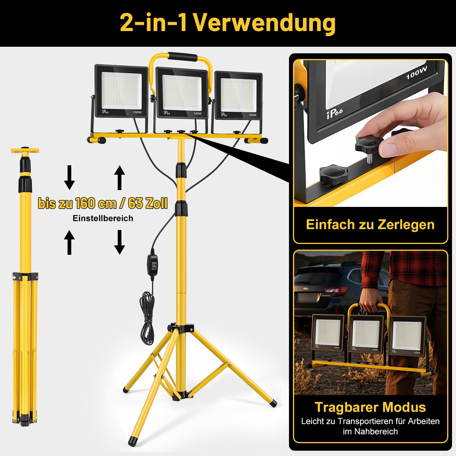 Yofuly 3x 100W LED Baustrahler mit Stativ, 23.000 LM LED Strahler Baustellenlampe, 160cm Höhenverstellbar, IP66 Wasserdicht, 5 M Kabel, LED Flutlicht für Baustelle, Werkstatt, Garage