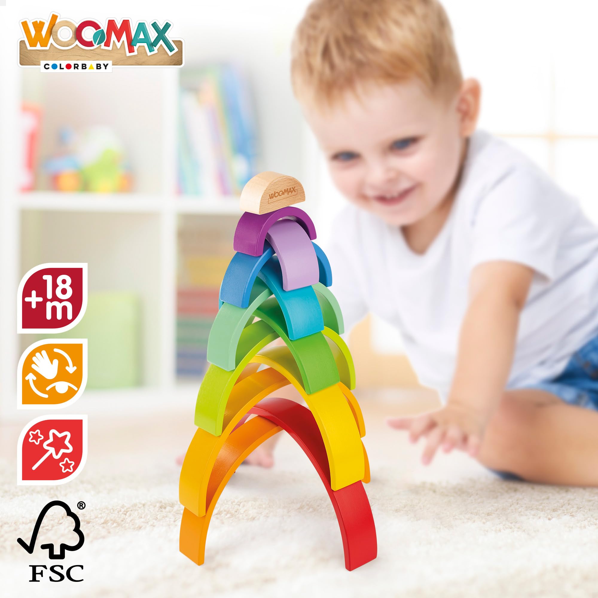 ColorBaby WOOMAX Regenbogen Aus Holz – 26 X 5 X 13 Cm, Bunte Stapelsteine, Fördert Motorik & Kreativität, Ab 18 Monaten