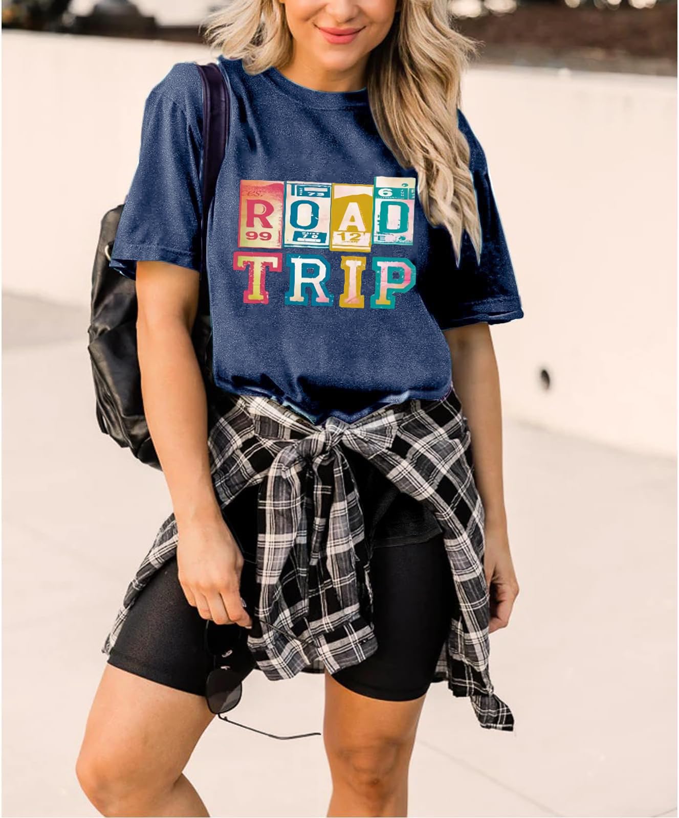 Road Trip Women Hiking Camping Active Shirts Loose Fit Workout Graphic Climbing Outfit 70s 80s 90s Vintage Outdoor Tee Tops, Navy Blue XL